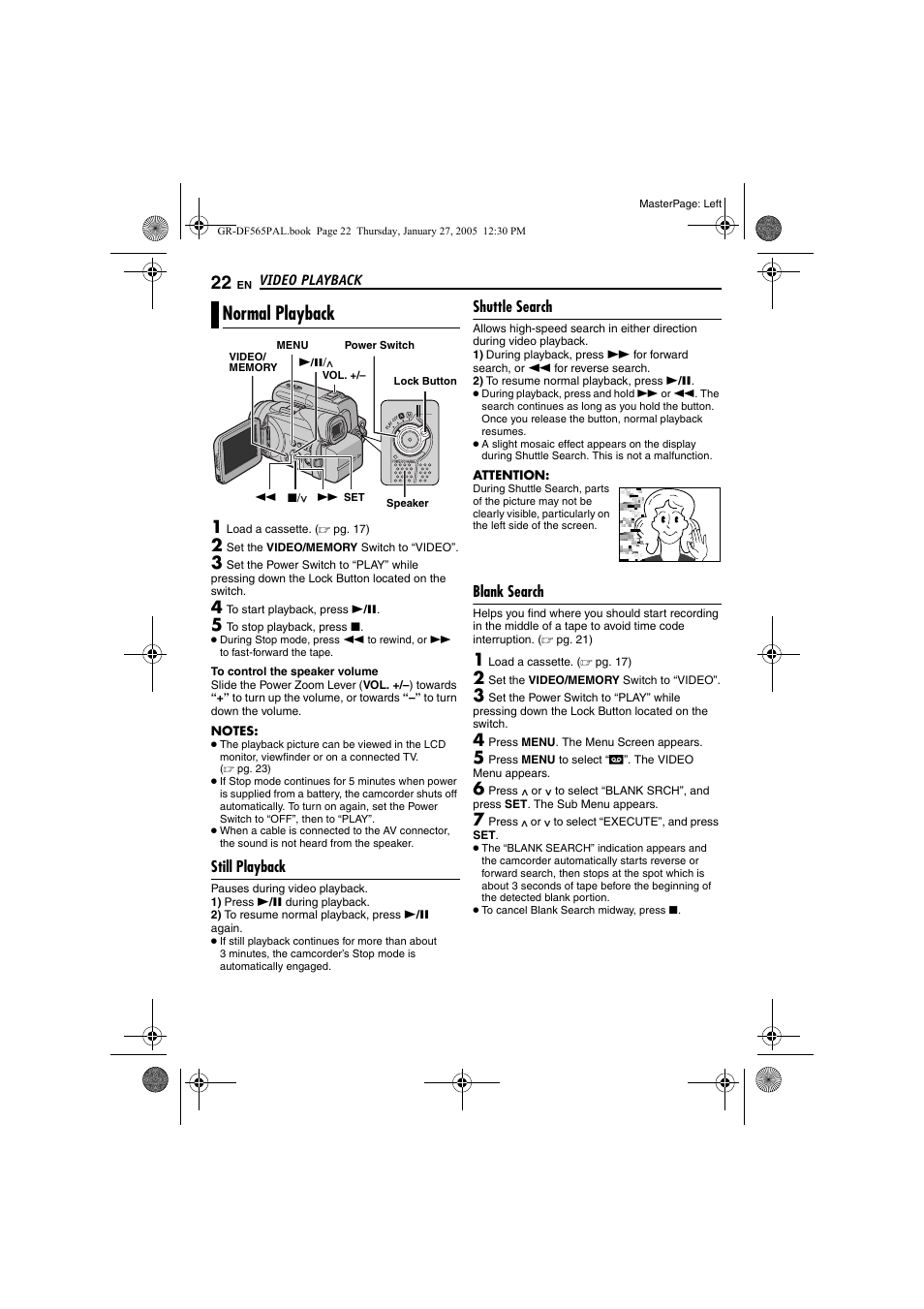 Video playback, Normal playback, Still playback | Shuttle search, Blank search, 22 shuttle search, 22 blank search, Pg. 22) | JVC GR-DF565 User Manual | Page 22 / 68