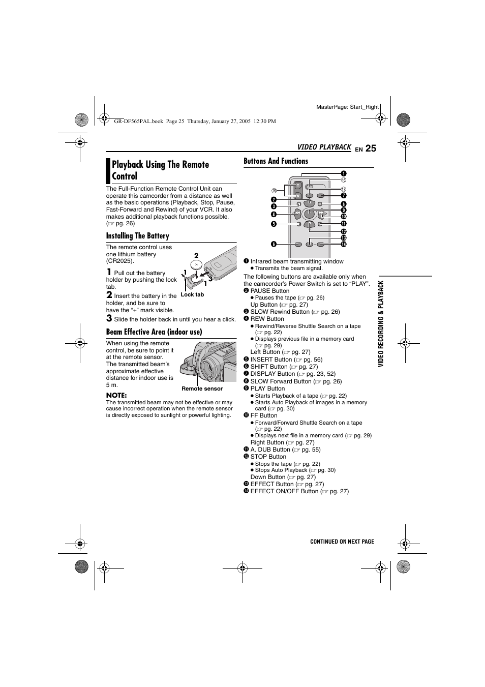 Playback using the remote control, Installing the battery, Beam effective area (indoor use) | Buttons and functions, Pg. 25) | JVC GR-DF565 User Manual | Page 25 / 68