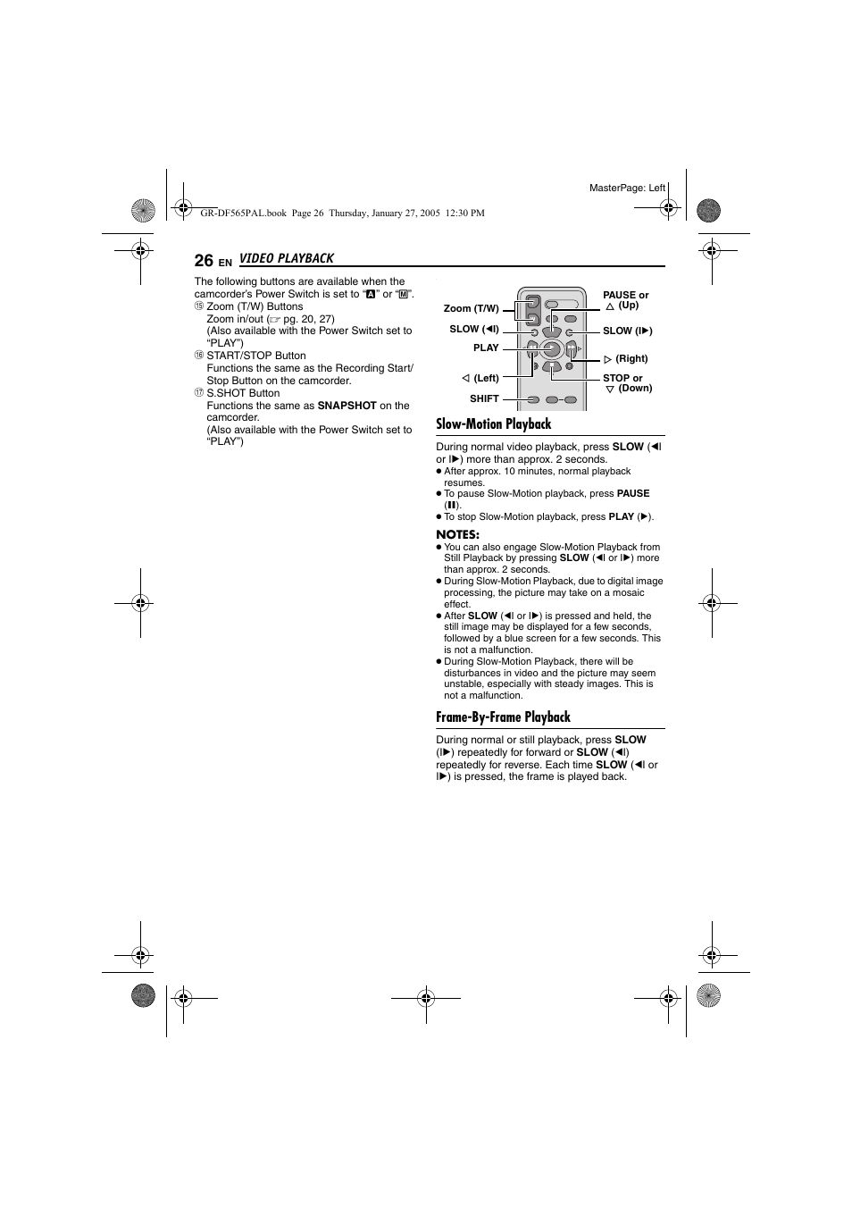 Slow-motion playback, Frame-by-frame playback, Pg. 26) | N (੬ pg. 26), Video playback | JVC GR-DF565 User Manual | Page 26 / 68