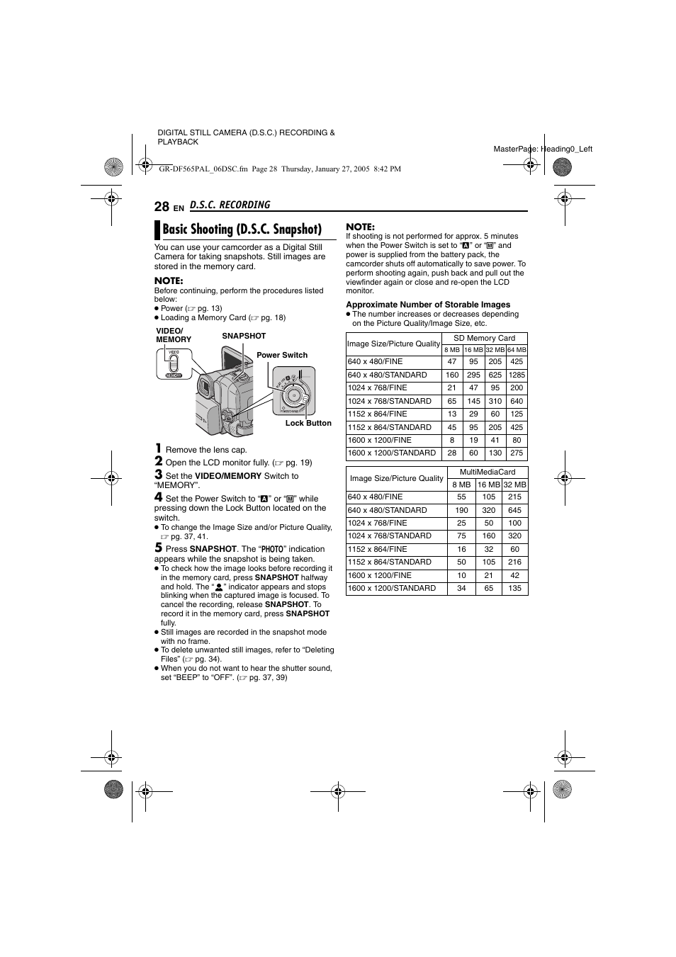 D.s.c. recording, Basic shooting (d.s.c. snapshot), Digital still camera (d.s.c.) recording & playback | Pg. 28, 4, Pg. 28), Pg. 28 | JVC GR-DF565 User Manual | Page 28 / 68