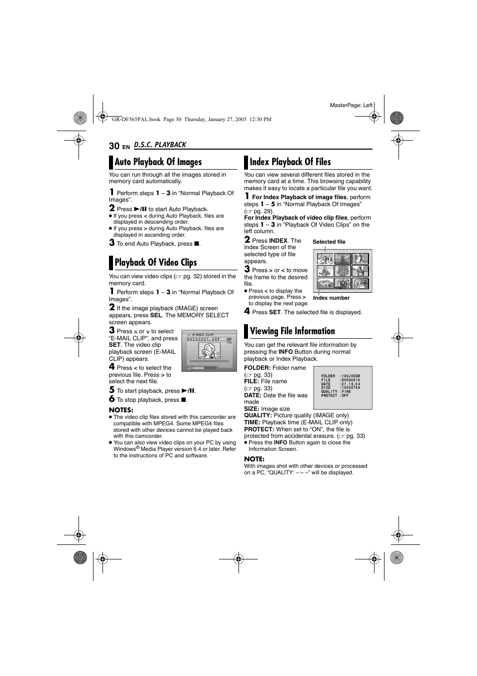 Auto playback of images, Playback of video clips, Index playback of files | Viewing file information, 30 playback of video clips, 30 index playback of files, 30 viewing file information, Ndex, Pg. 30), Info | JVC GR-DF565 User Manual | Page 30 / 68