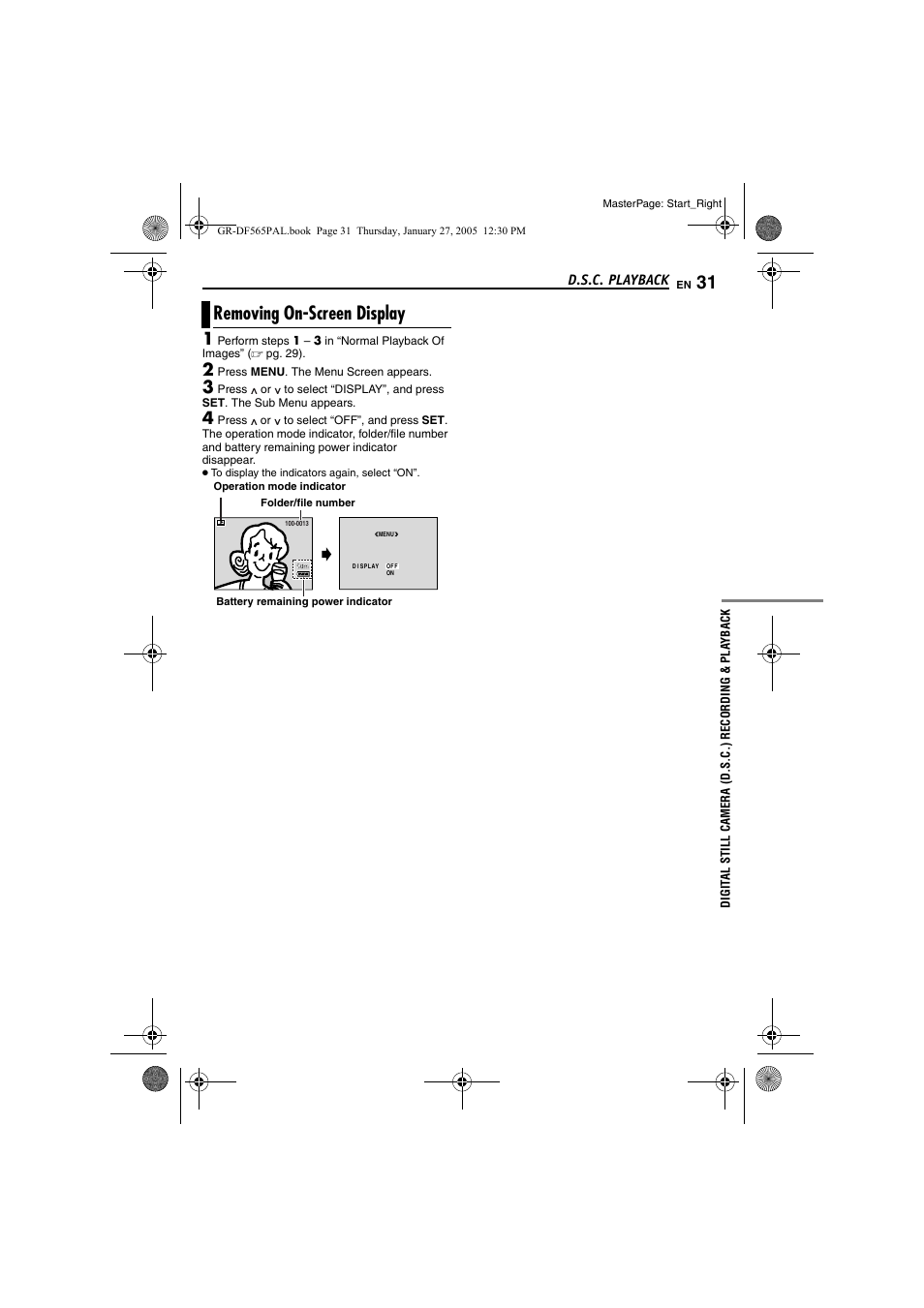 Removing on-screen display, Pg. 31), D.s.c. playback | JVC GR-DF565 User Manual | Page 31 / 68