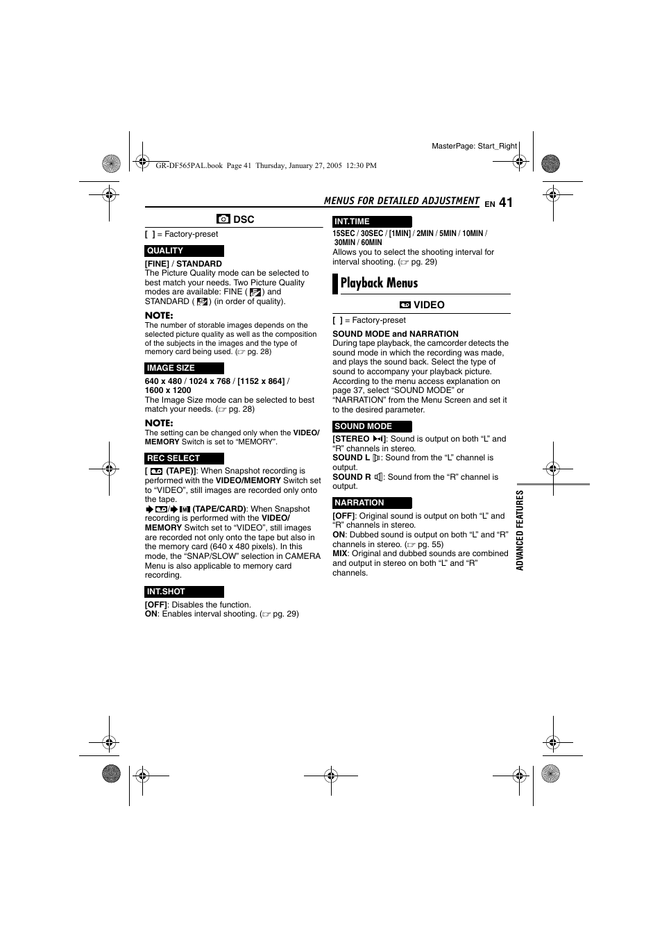 Playback menus, Pg. 41), R (੬ pg. 41) | JVC GR-DF565 User Manual | Page 41 / 68