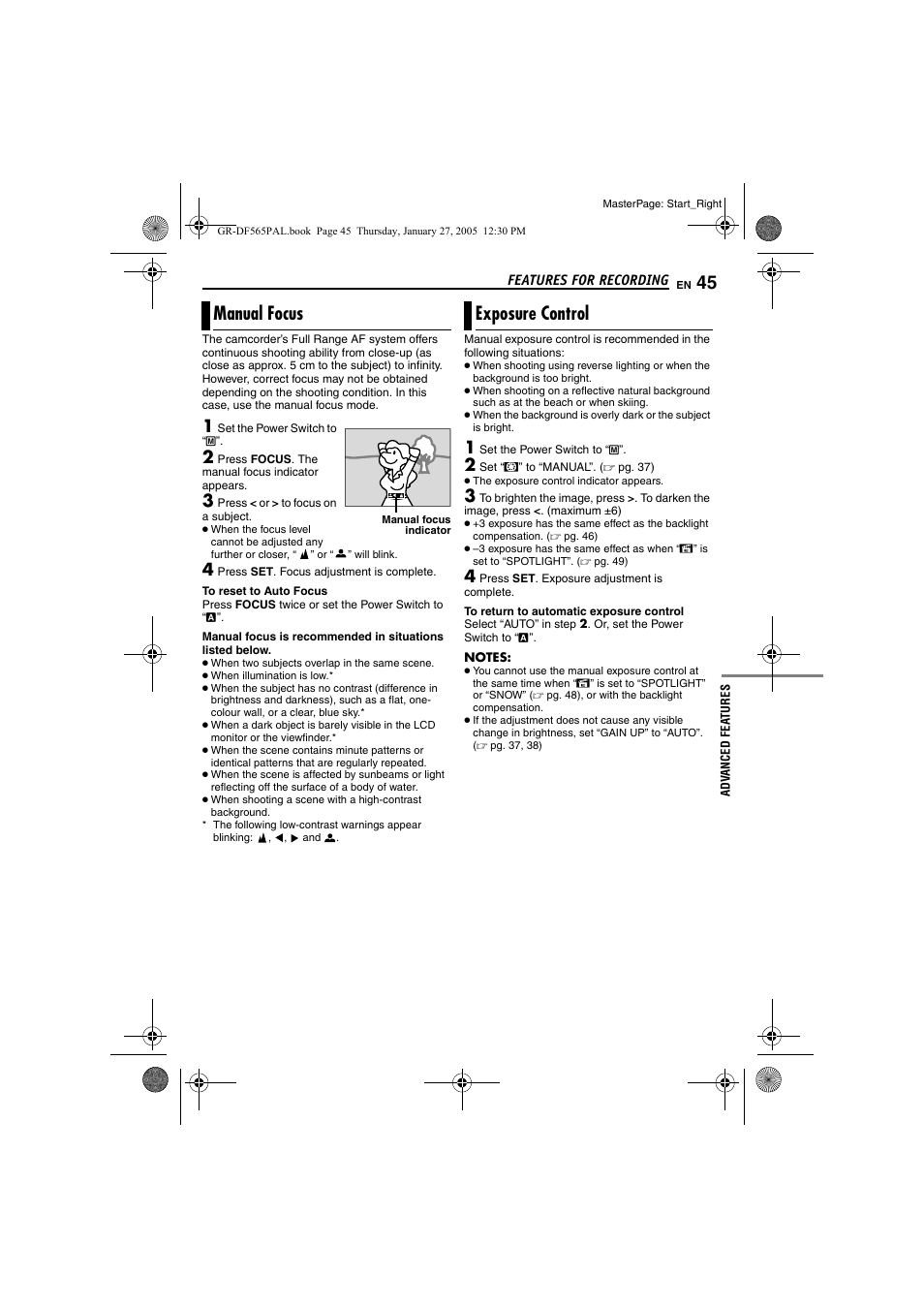 Manual focus, Exposure control, 45 exposure control | Focus, Pg. 45), Pg. 45), t | JVC GR-DF565 User Manual | Page 45 / 68