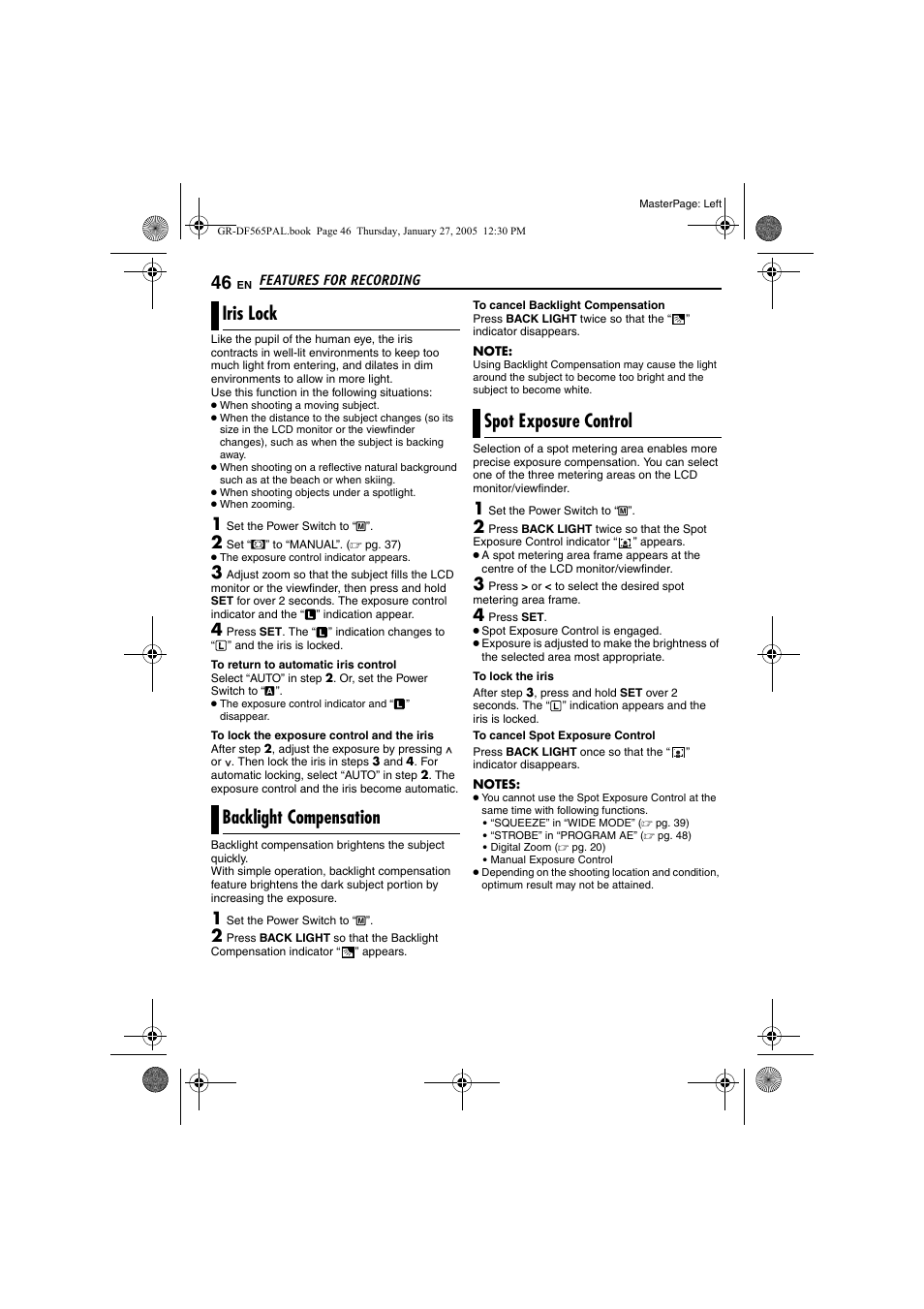 Iris lock, Backlight compensation, Spot exposure control | Pg. 46), Pg. 46, spot exposure, Control), 46 backlight compensation, 46 spot exposure control, Light | JVC GR-DF565 User Manual | Page 46 / 68