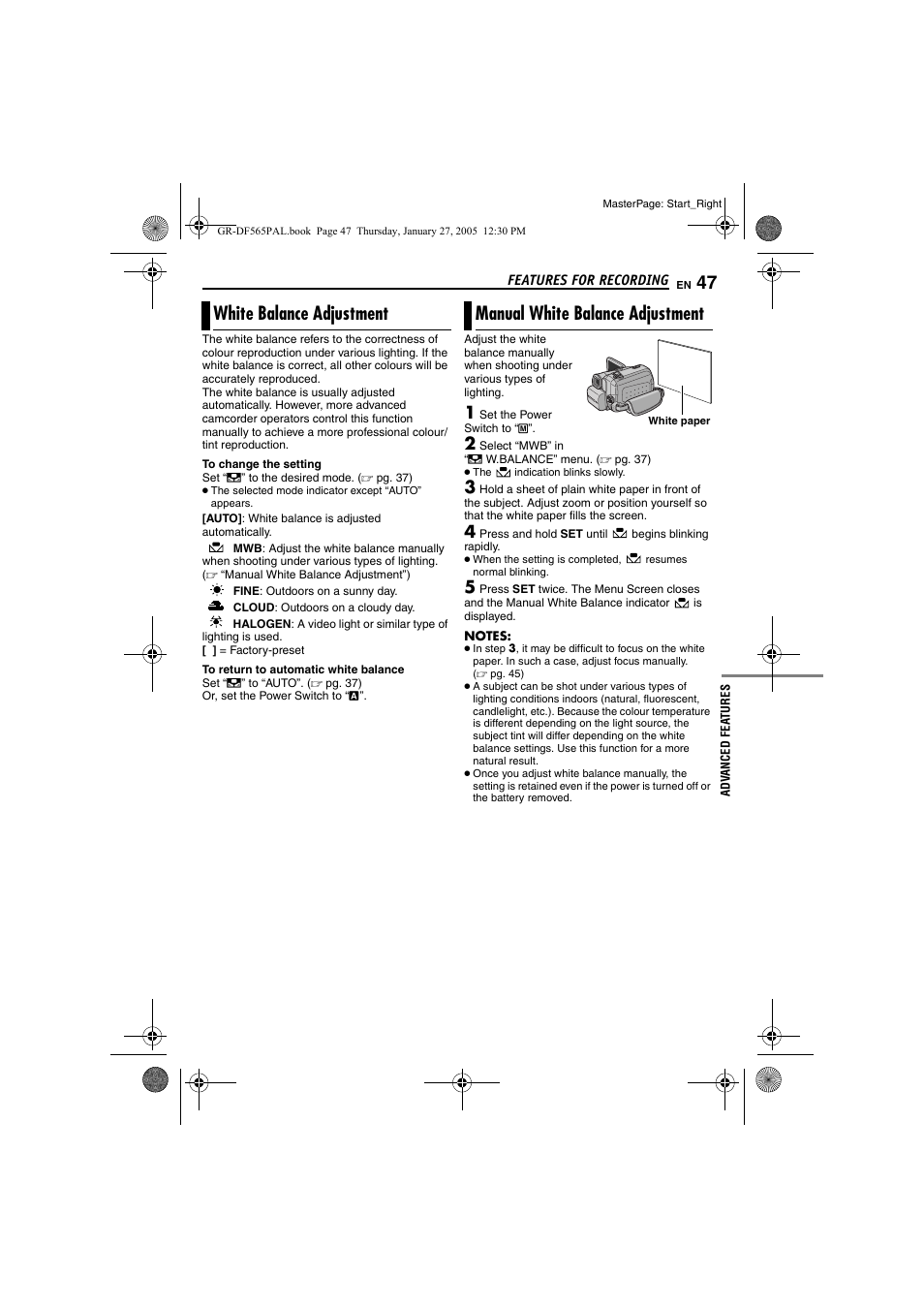White balance adjustment, Manual white balance adjustment, 47 manual white balance adjustment | Pg. 47) | JVC GR-DF565 User Manual | Page 47 / 68