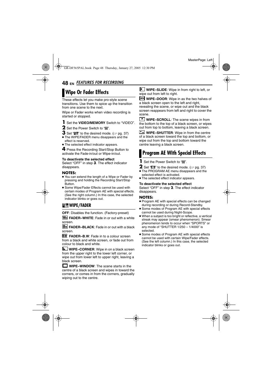 Wipe or fader effects, Wipe/fader, Program ae with special effects | Pg. 48), Motion, 48 program ae with special effects, Pg. 48) t, Program ae with special, Effects | JVC GR-DF565 User Manual | Page 48 / 68