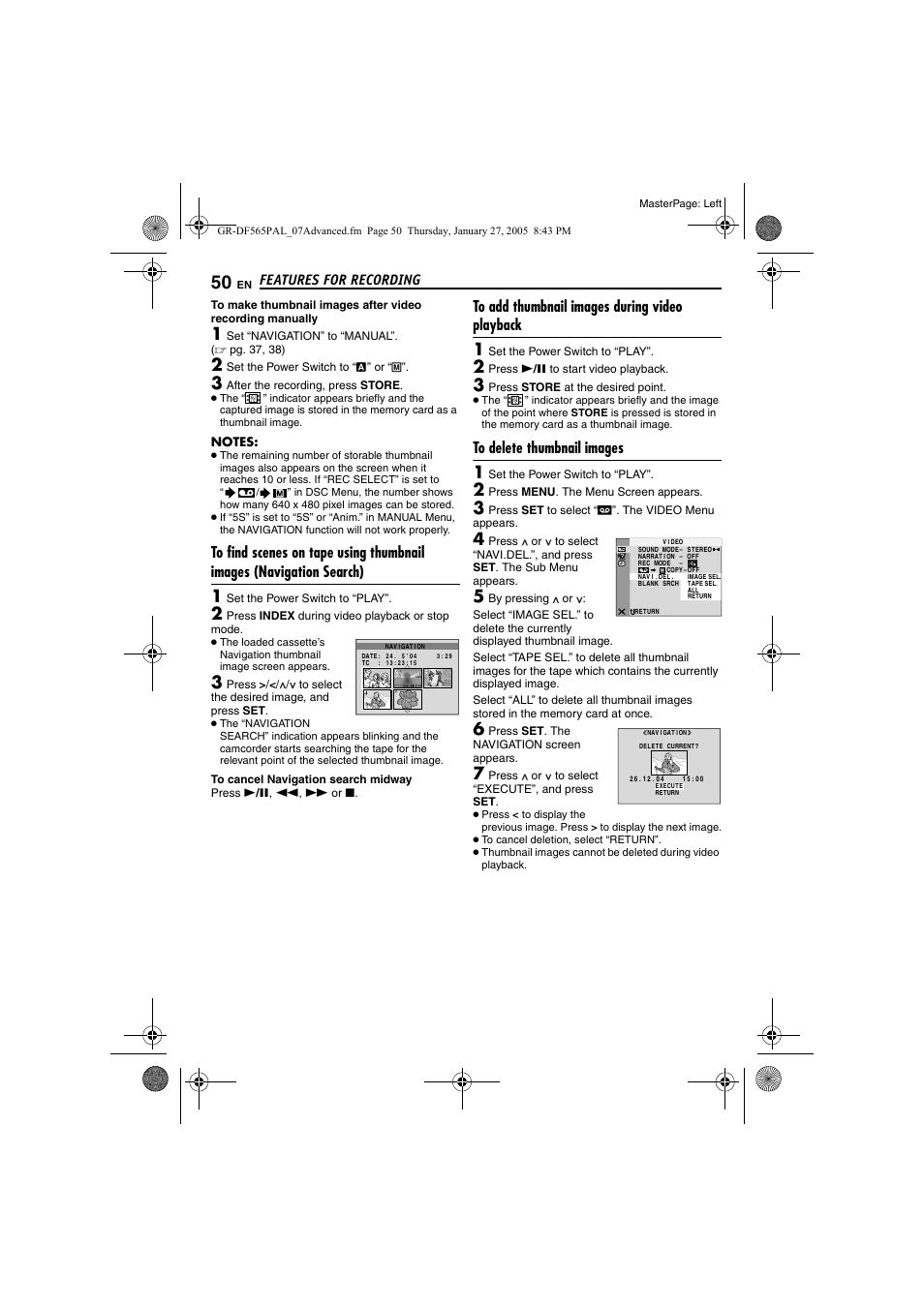 To add thumbnail images during video playback, To delete thumbnail images, Pg. 50) | Pg. 50, “to delete thumbnail images, Features for recording | JVC GR-DF565 User Manual | Page 50 / 68