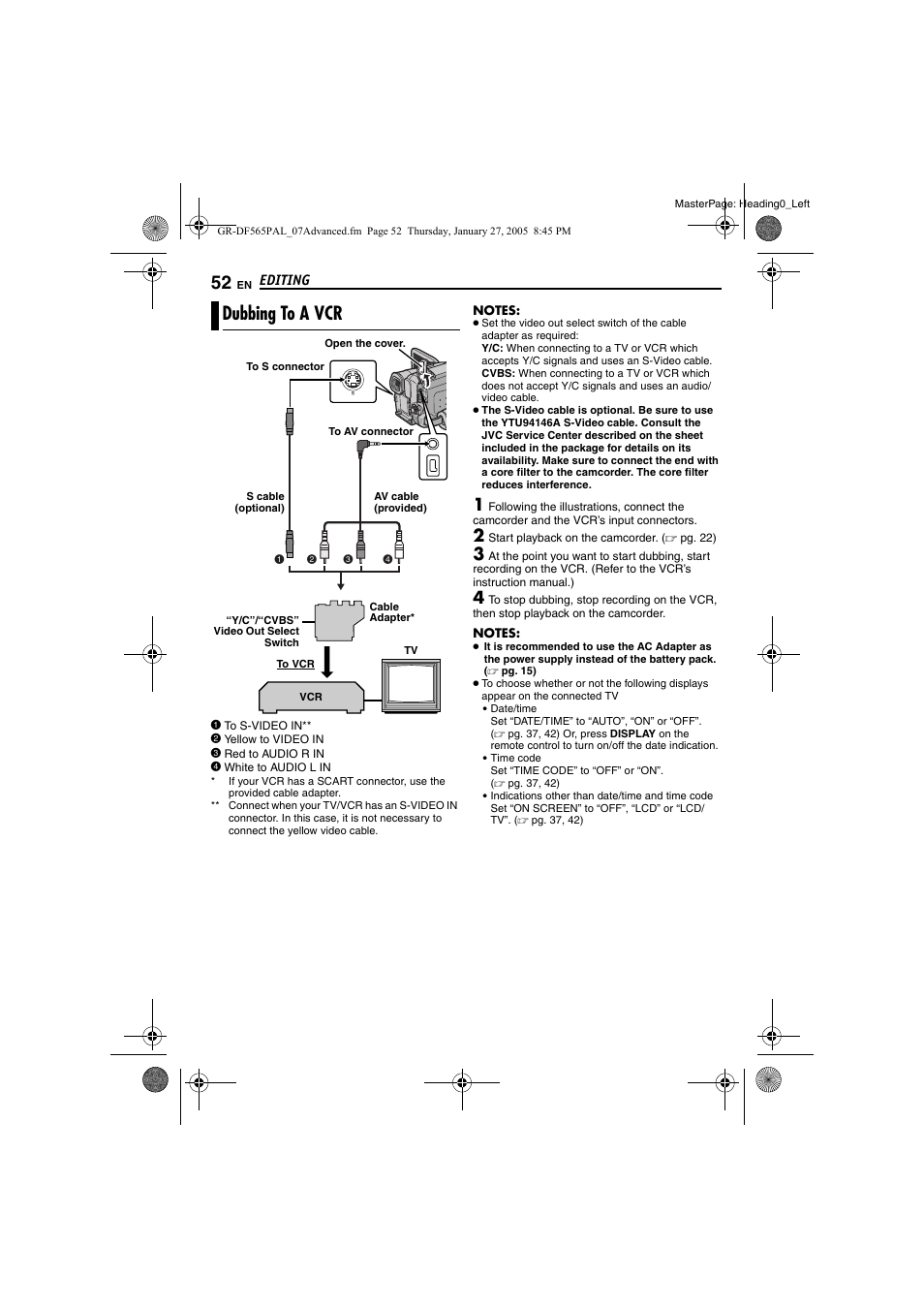Editing, Dubbing to a vcr, Pg. 52, 53 | JVC GR-DF565 User Manual | Page 52 / 68