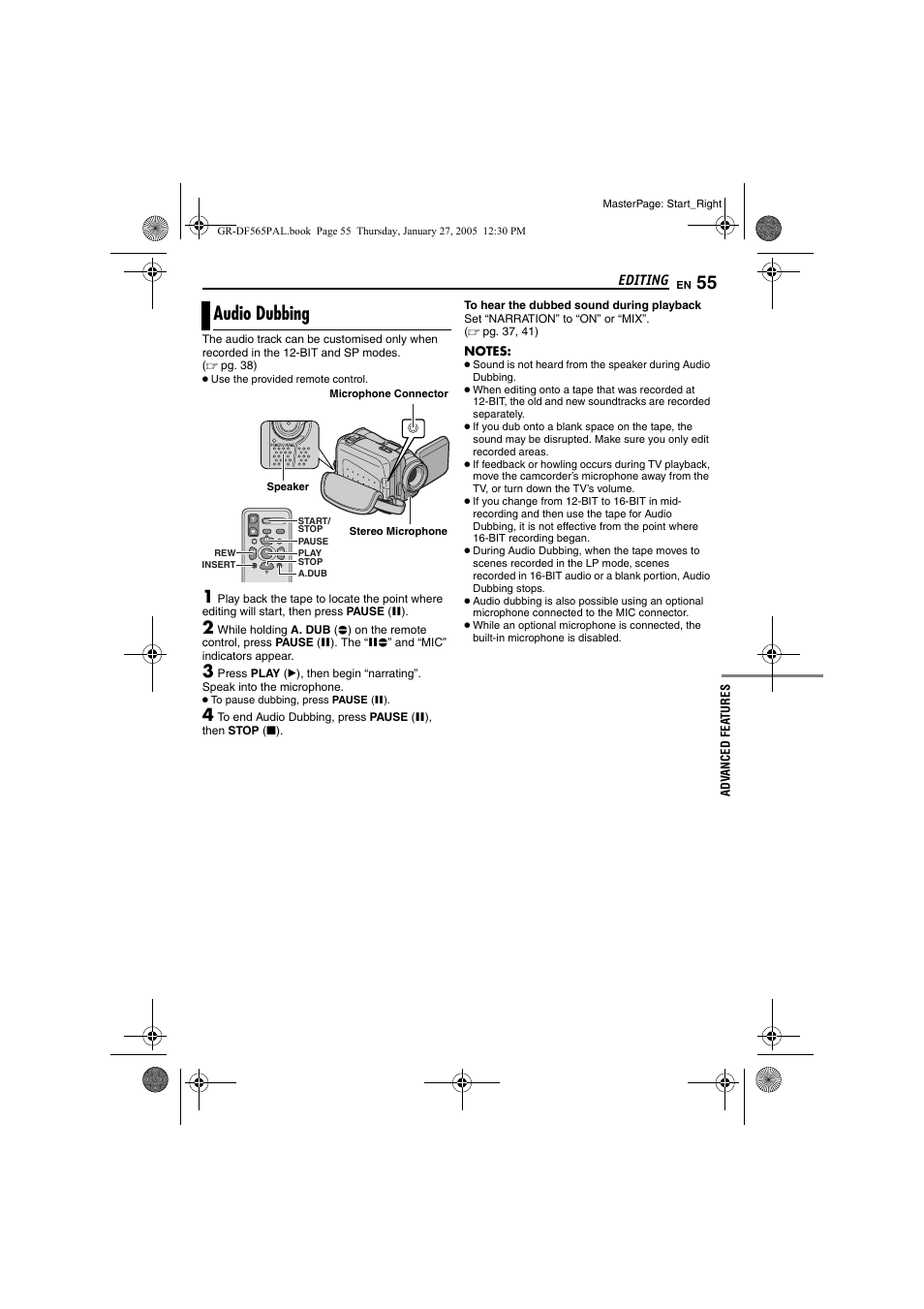 Audio dubbing, Pg. 55), Pg. 55) and i | JVC GR-DF565 User Manual | Page 55 / 68