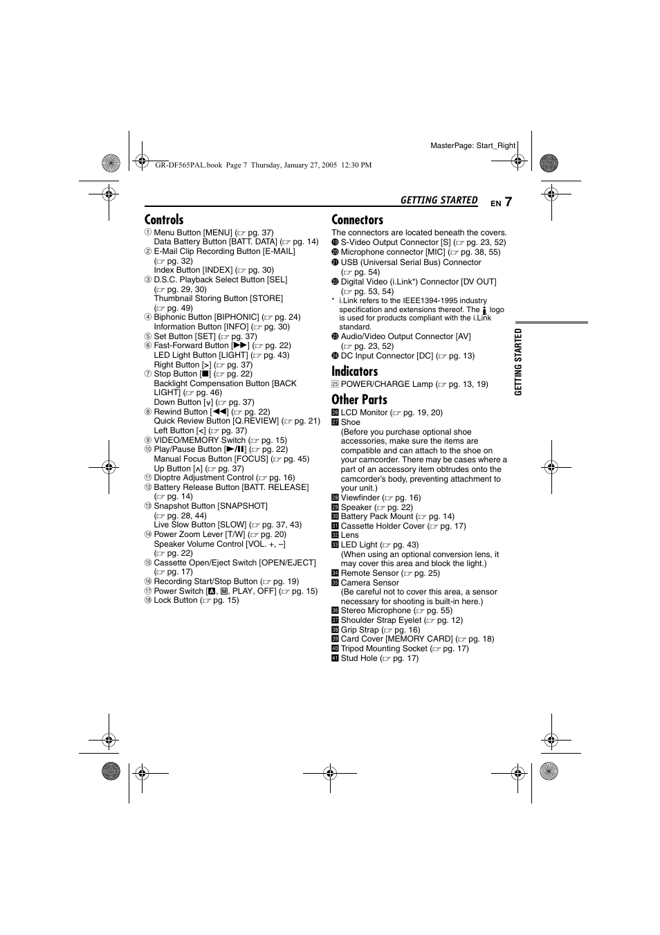 Controls, Connectors, Indicators | Other parts | JVC GR-DF565 User Manual | Page 7 / 68