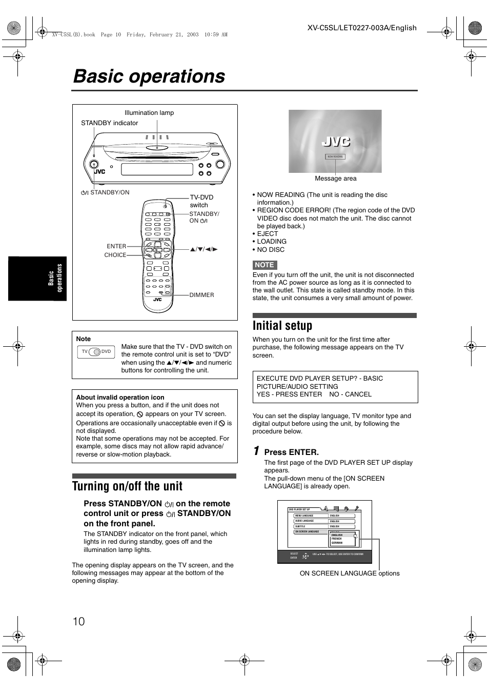 Basic operations, Turning on/off the unit, Initial setup | Press enter | JVC LET0227-003A User Manual | Page 12 / 47