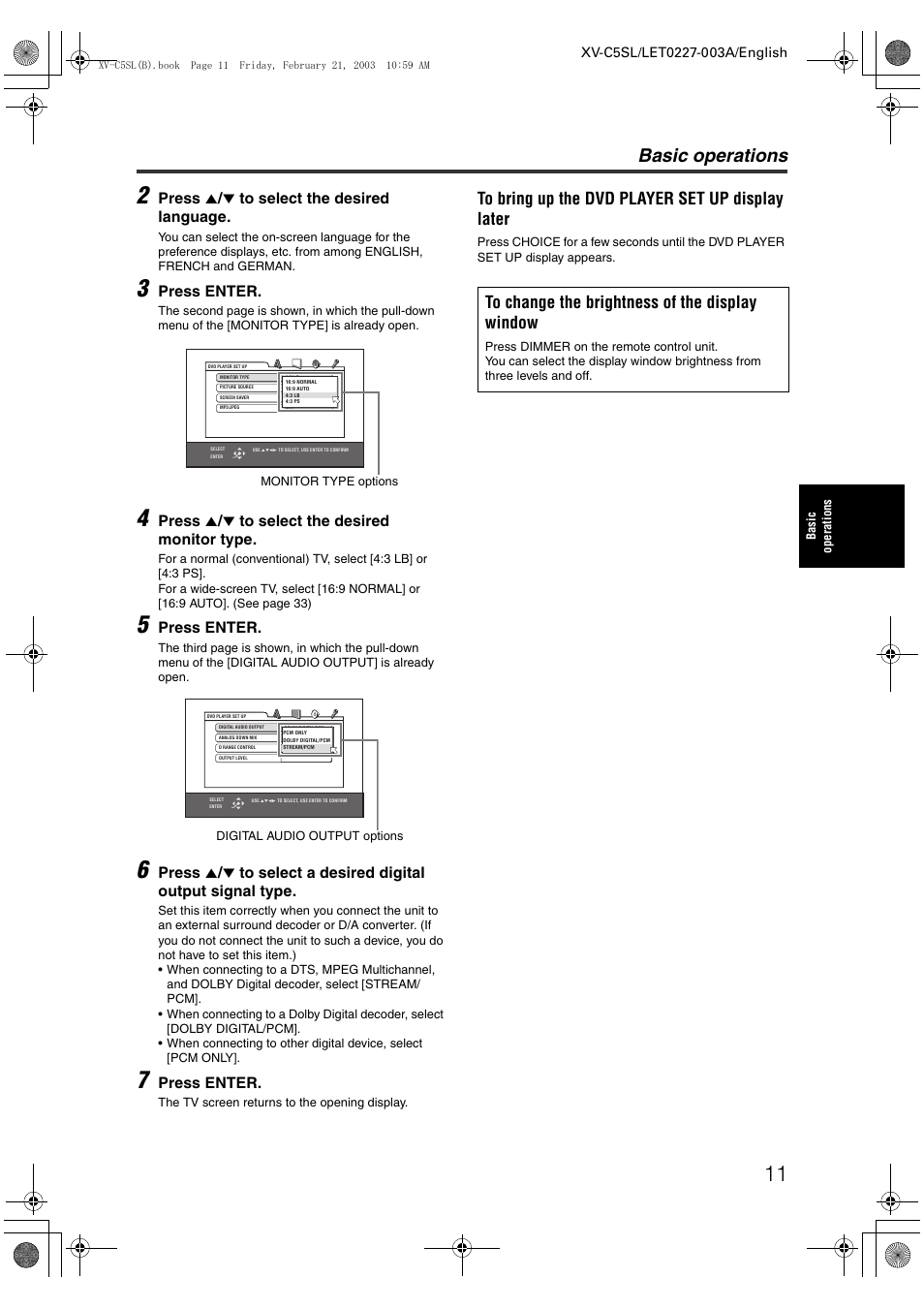 Basic operations, Press 5 / ∞ to select the desired language, Press enter | Press 5 / ∞ to select the desired monitor type | JVC LET0227-003A User Manual | Page 13 / 47