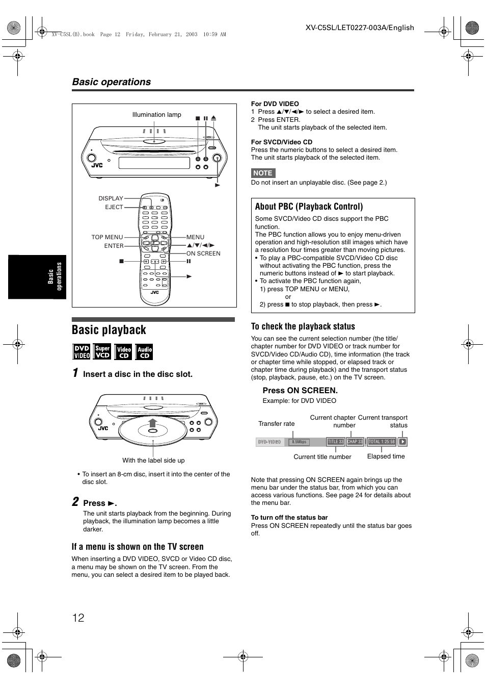 Basic playback 1, Basic operations, If a menu is shown on the tv screen | About pbc (playback control) | JVC LET0227-003A User Manual | Page 14 / 47