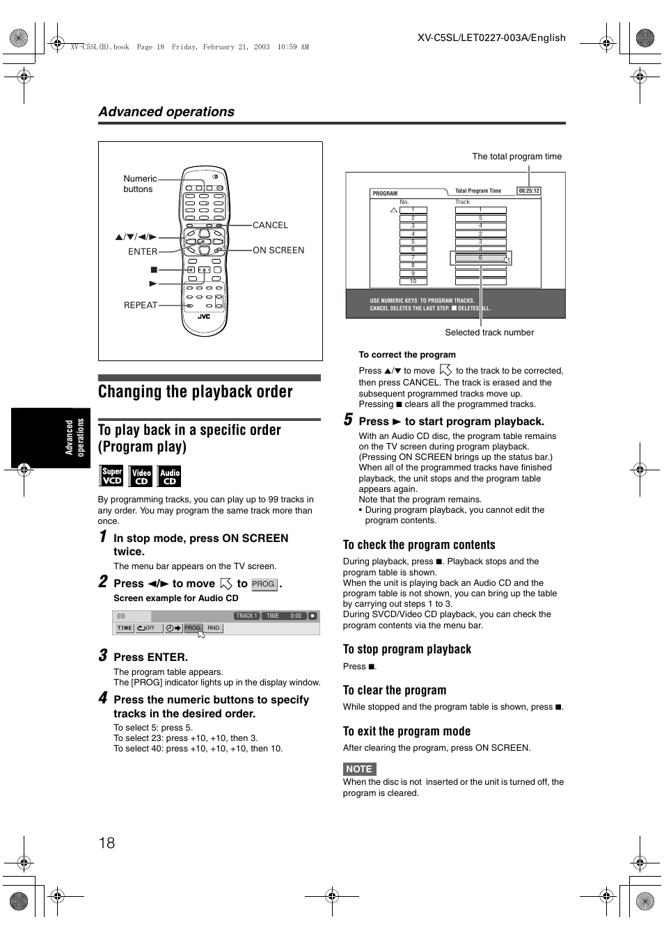 Changing the playback order, Advanced operations | JVC LET0227-003A User Manual | Page 20 / 47
