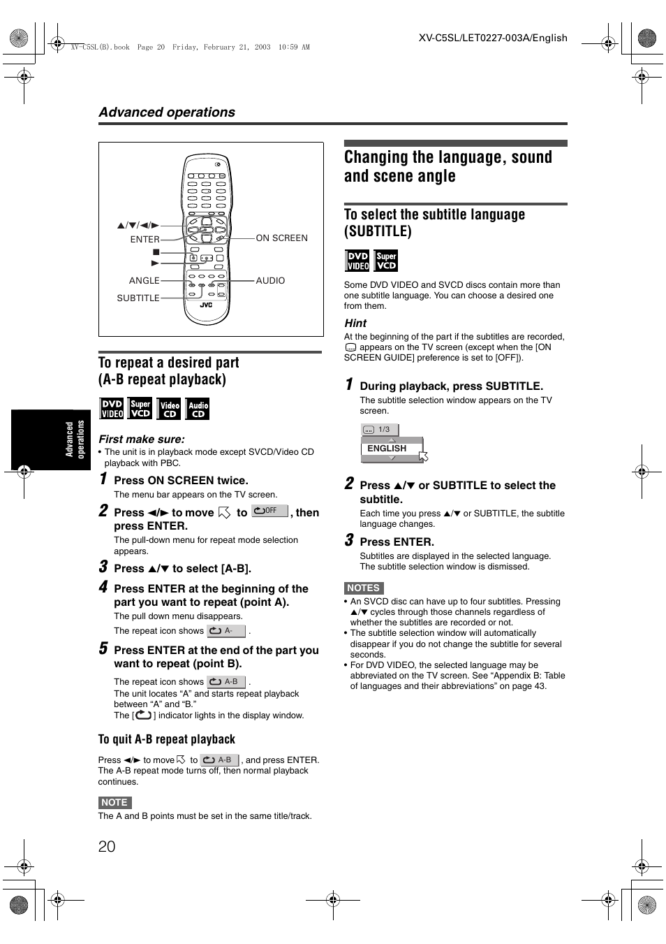 Changing the language, sound and scene angle, Advanced operations | JVC LET0227-003A User Manual | Page 22 / 47