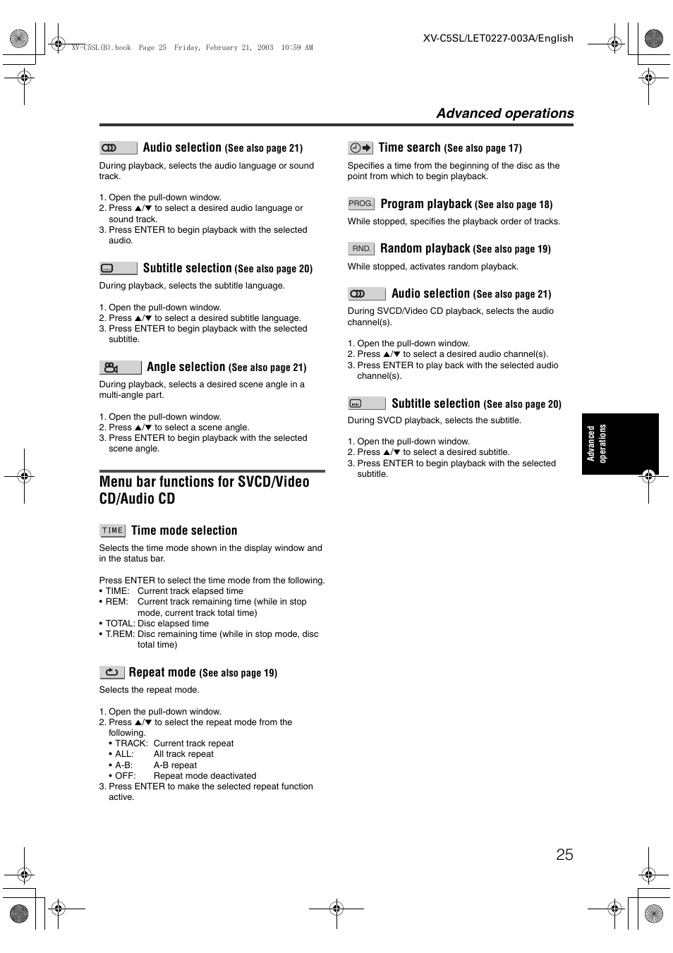 Menu bar functions for svcd/video cd/audio cd, Advanced operations, Audio selection | Subtitle selection, Angle selection, Time mode selection, Repeat mode, Time search, Program playback, Random playback | JVC LET0227-003A User Manual | Page 27 / 47