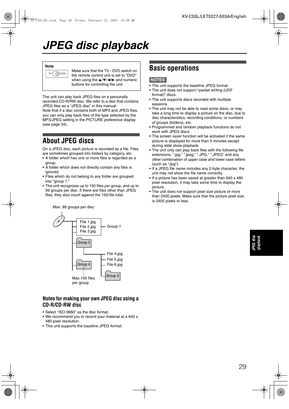 Jpeg disc playback, About jpeg discs, Basic operations | JVC LET0227-003A User Manual | Page 31 / 47