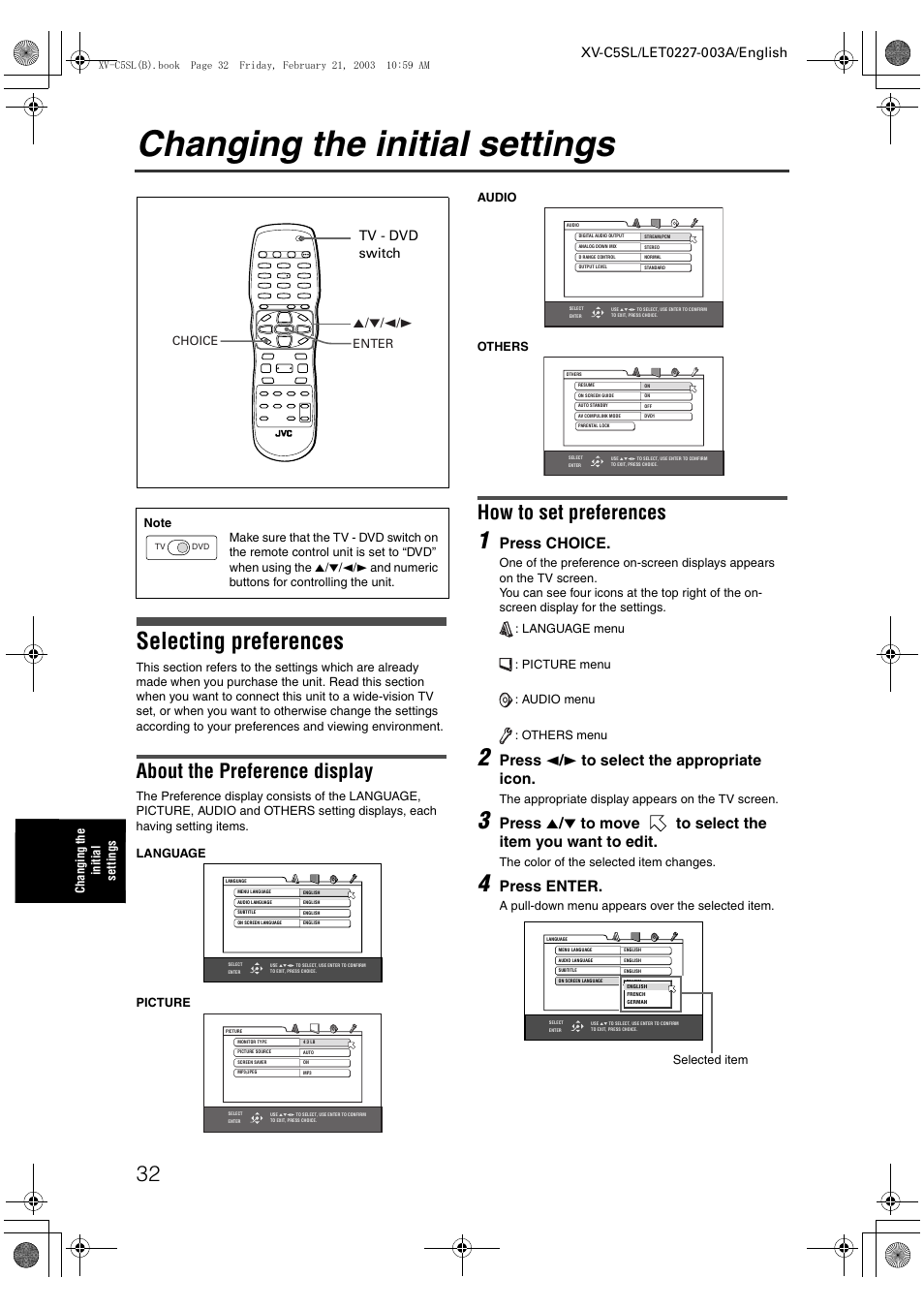 Changing the initial settings, Selecting preferences, About the preference display | How to set preferences, Press choice, Press 2 / 3 to select the appropriate icon, Press enter, 5/∞/2/3 tv - dvd switch | JVC LET0227-003A User Manual | Page 34 / 47