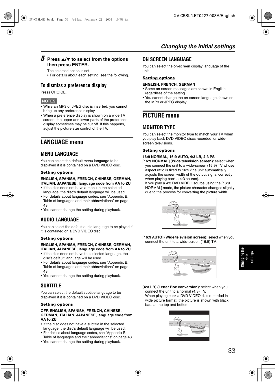 Language menu, Picture menu, Changing the initial settings | Menu language, Audio language, Subtitle, On screen language, Monitor type | JVC LET0227-003A User Manual | Page 35 / 47
