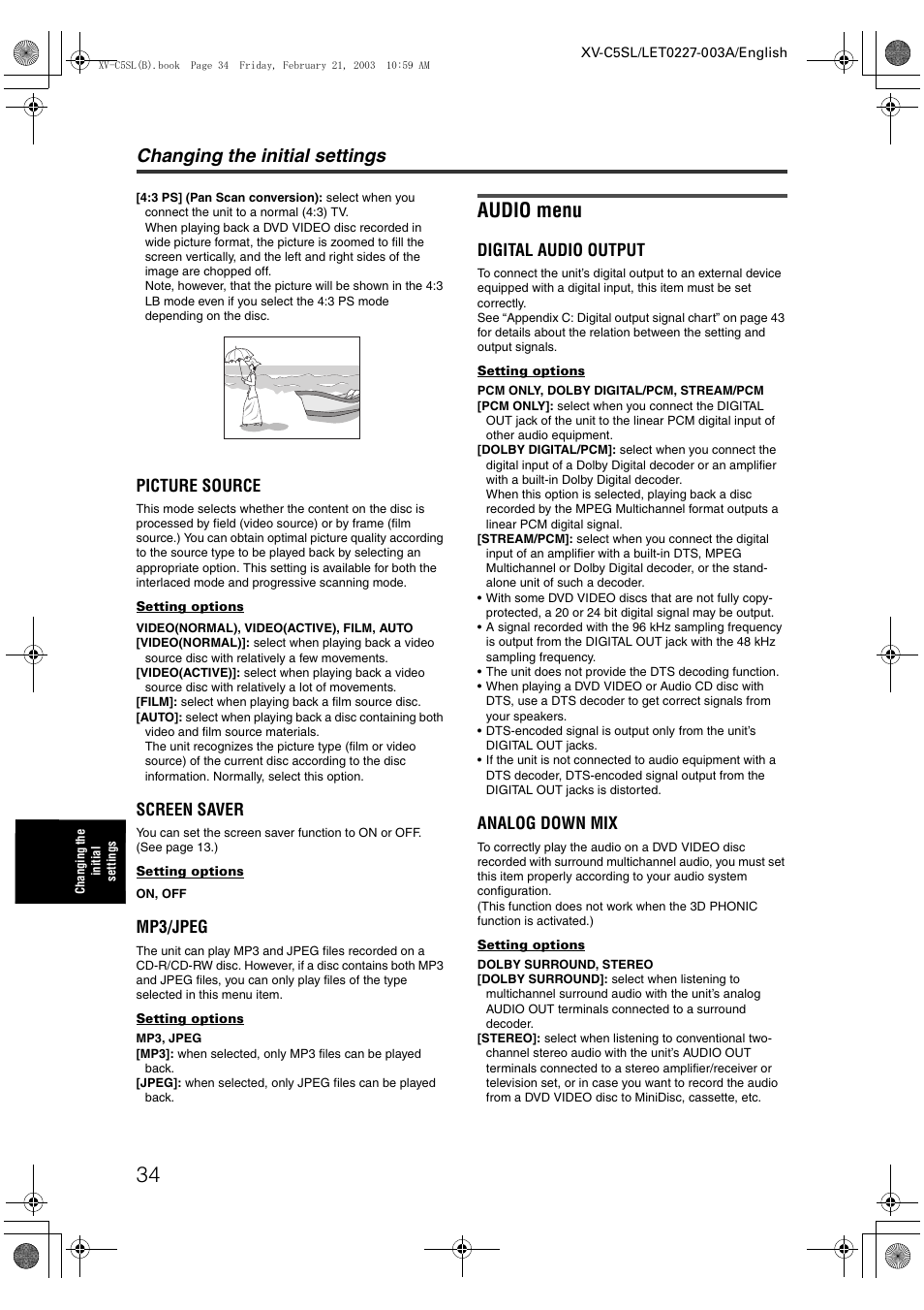 Audio menu, Changing the initial settings, Picture source | Screen saver, Mp3/jpeg, Digital audio output, Analog down mix | JVC LET0227-003A User Manual | Page 36 / 47