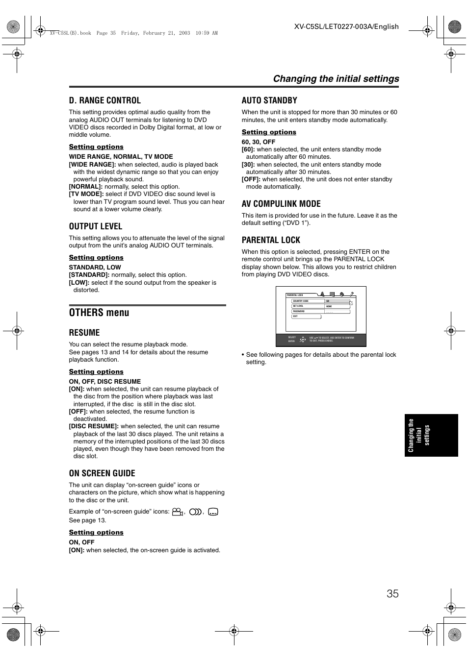 Others menu, Changing the initial settings, D. range control | Output level, Resume, On screen guide, Auto standby, Av compulink mode, Parental lock | JVC LET0227-003A User Manual | Page 37 / 47