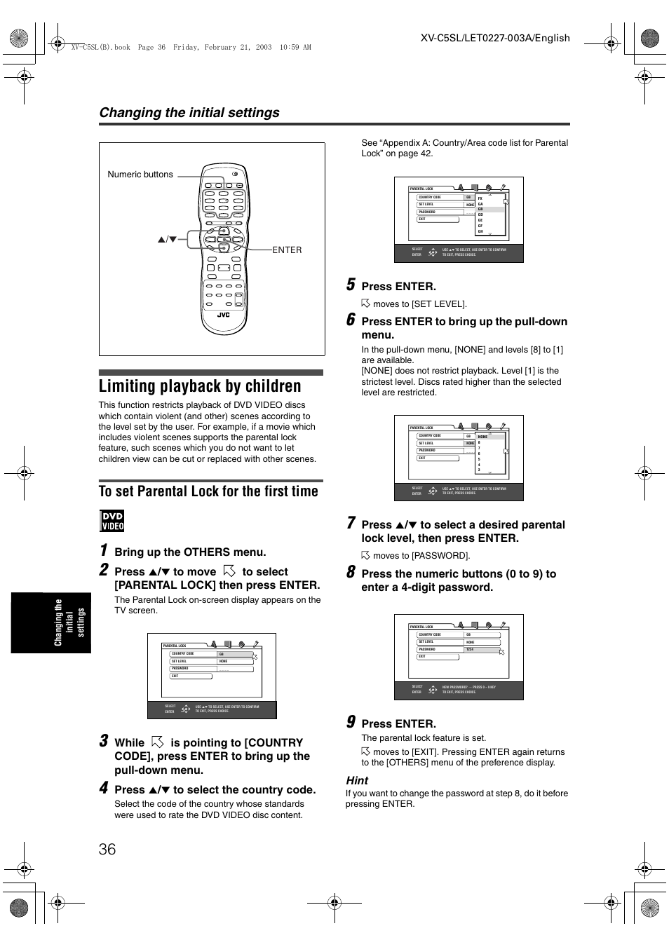 Limiting playback by children, Changing the initial settings, Bring up the others menu | Press 5 / ∞ to select the country code, Press enter, Press enter to bring up the pull-down menu, Hint | JVC LET0227-003A User Manual | Page 38 / 47