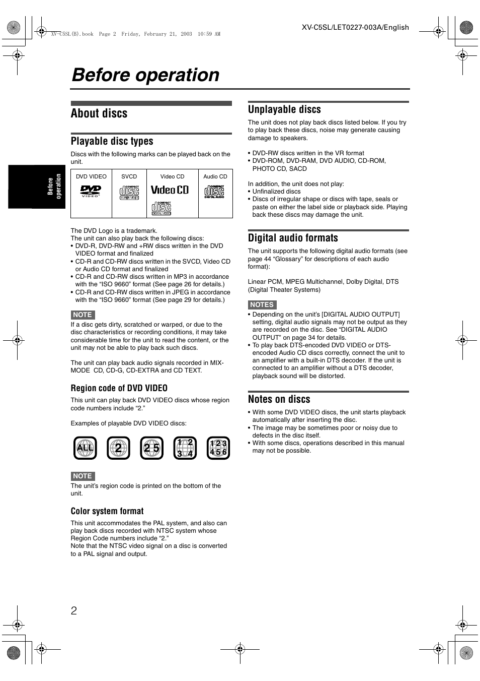 Before operation, About discs, Playable disc types | Unplayable discs, Digital audio formats | JVC LET0227-003A User Manual | Page 4 / 47