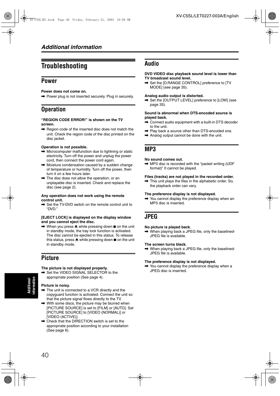 Troubleshooting, Power, Operation | Picture, Audio, Jpeg, Additional information | JVC LET0227-003A User Manual | Page 42 / 47