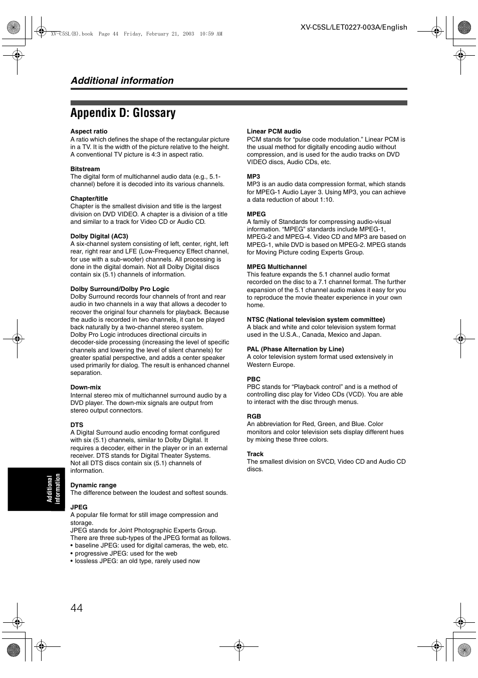 Appendix d: glossary, Additional information | JVC LET0227-003A User Manual | Page 46 / 47