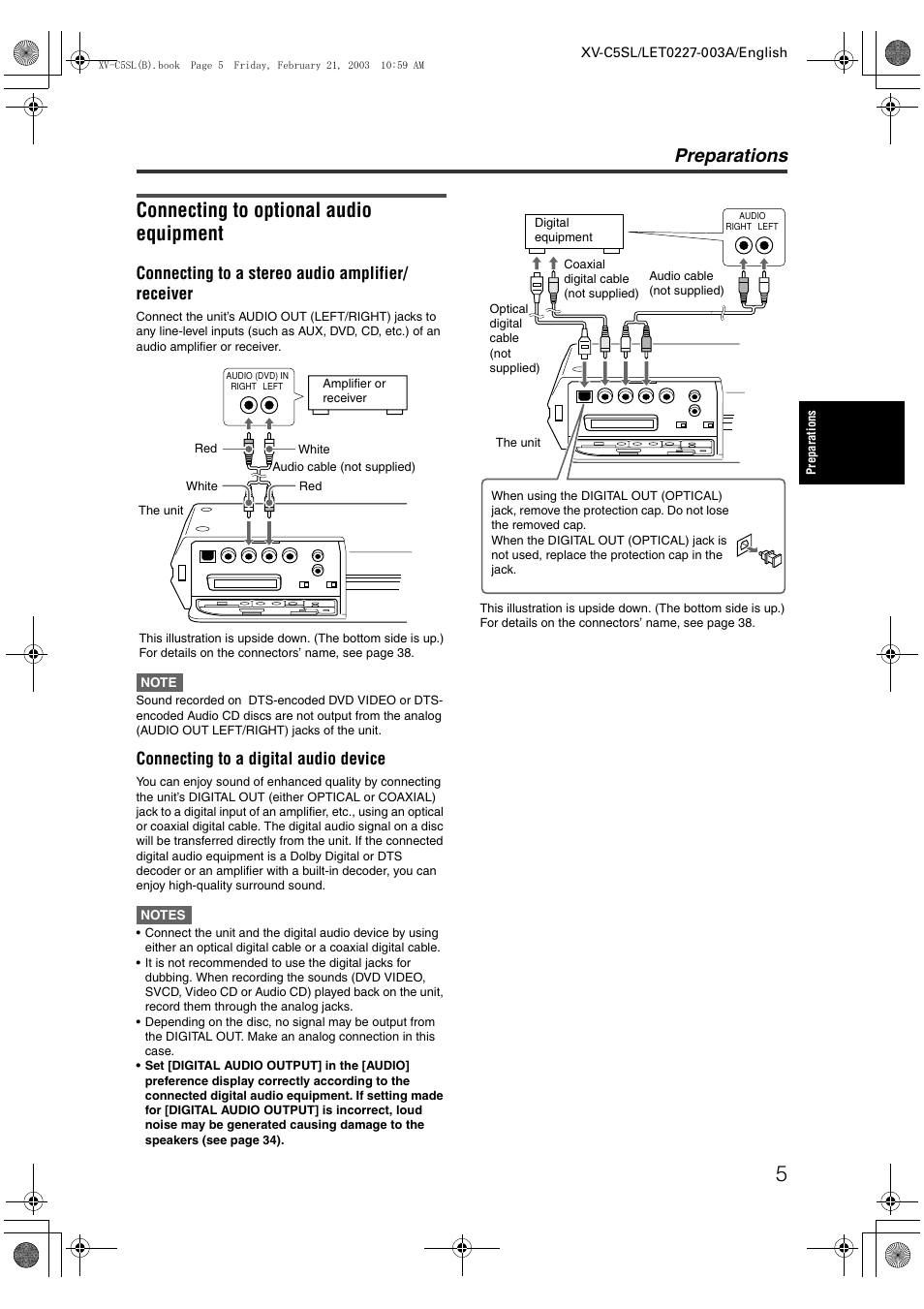 Connecting to optional audio equipment, Preparations, Connecting to a stereo audio amplifier/ receiver | Connecting to a digital audio device | JVC LET0227-003A User Manual | Page 7 / 47
