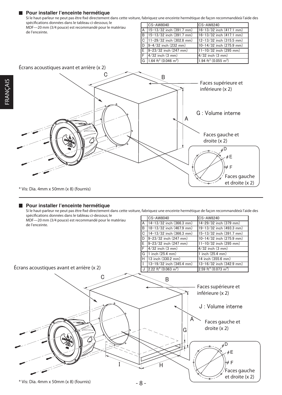 Français j : volume interne g : volume interne | JVC ARSENAL CS-AW8240 User Manual | Page 8 / 16