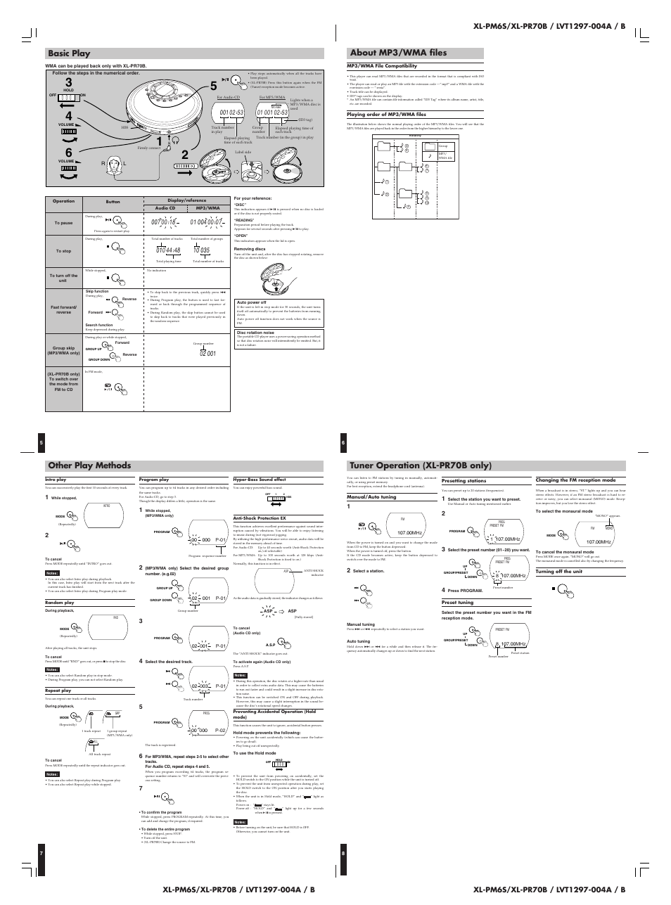 Basic play, Other play methods, Tuner operation (xl-pr70b only) | About mp3/wma files | JVC XL-PM6S User Manual | Page 2 / 2