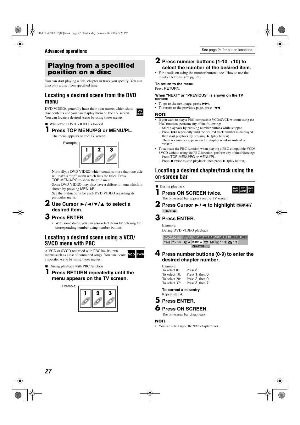 Playing from a specified position on a disc, Locating a desired scene from the dvd menu | JVC TH-C7 User Manual | Page 30 / 51