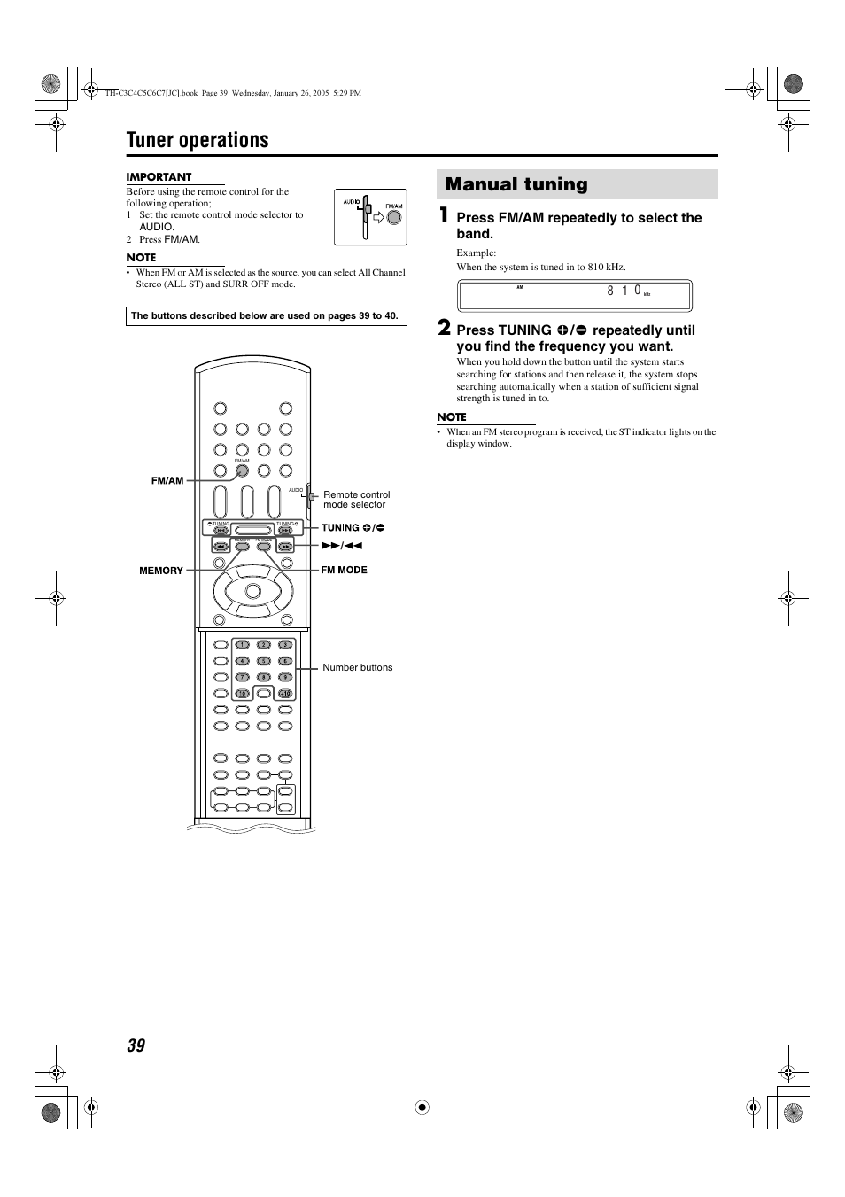 Tuner operations, Manual tuning, Press fm/am repeatedly to select the band | JVC TH-C7 User Manual | Page 42 / 51