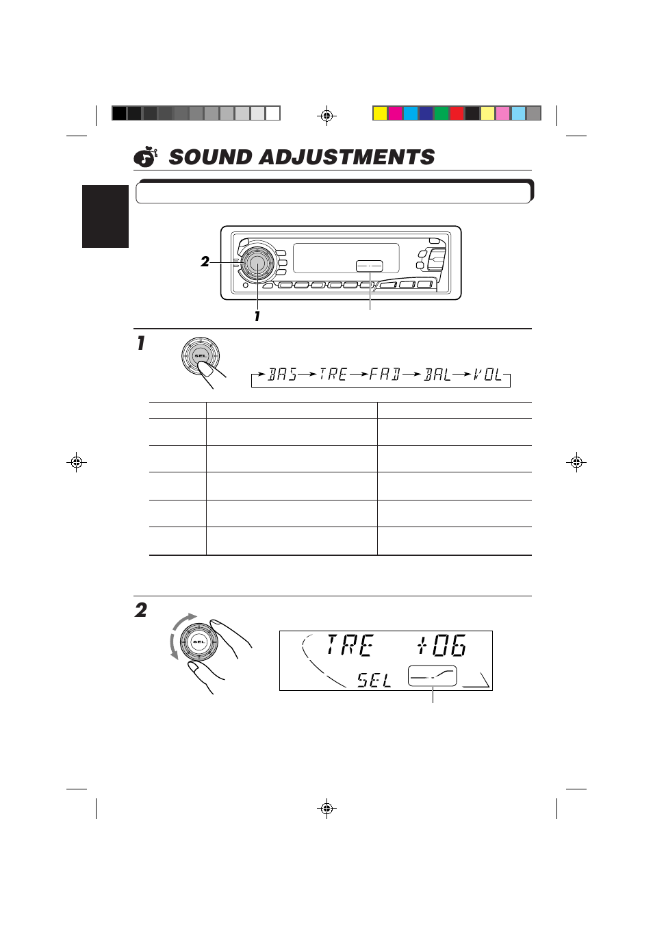 Sound adjustments, Adjusting the sound, Select the item you want to adjust | Adjust the level | JVC Instructions User Manual | Page 14 / 32