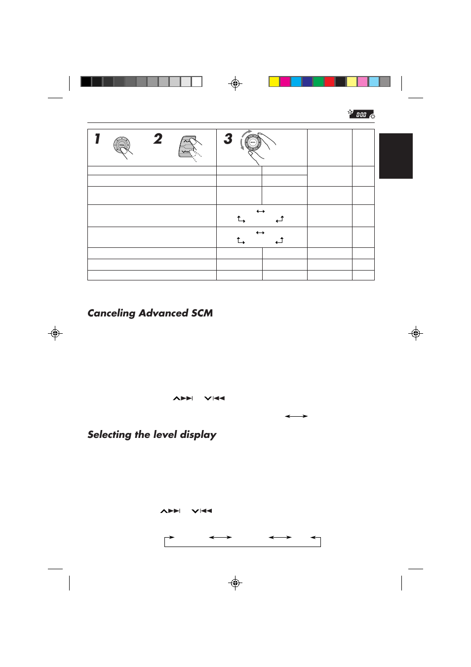 Selecting the level display, Canceling advanced scm | JVC Instructions User Manual | Page 21 / 32