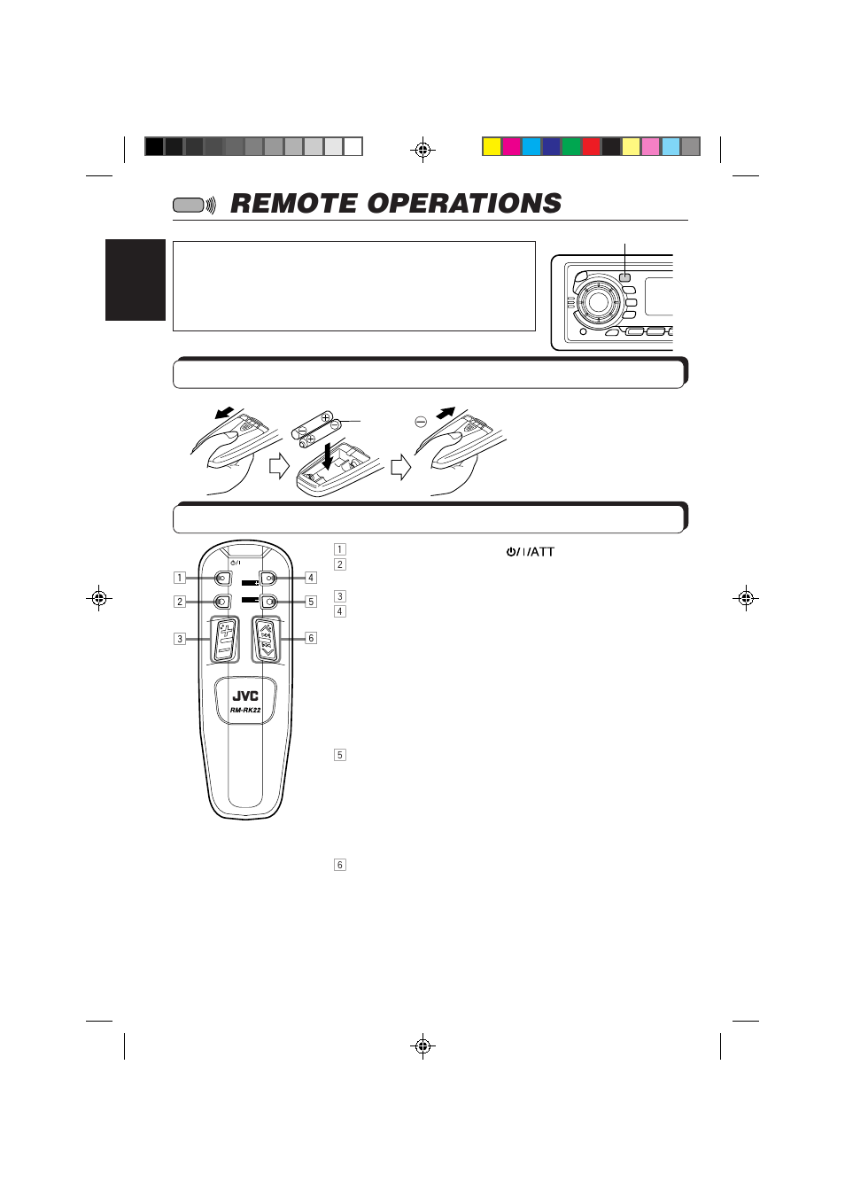Remote operations, Installing the batteries, Using the remote controller | JVC Instructions User Manual | Page 24 / 32