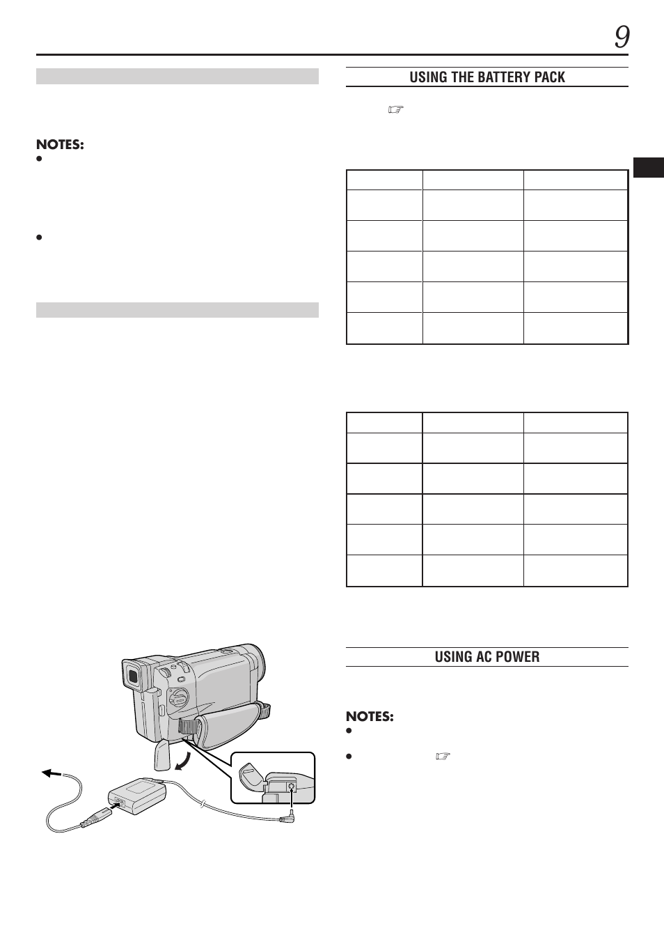 Using the battery pack, Using ac power | JVC GR-DVL1020 User Manual | Page 10 / 88