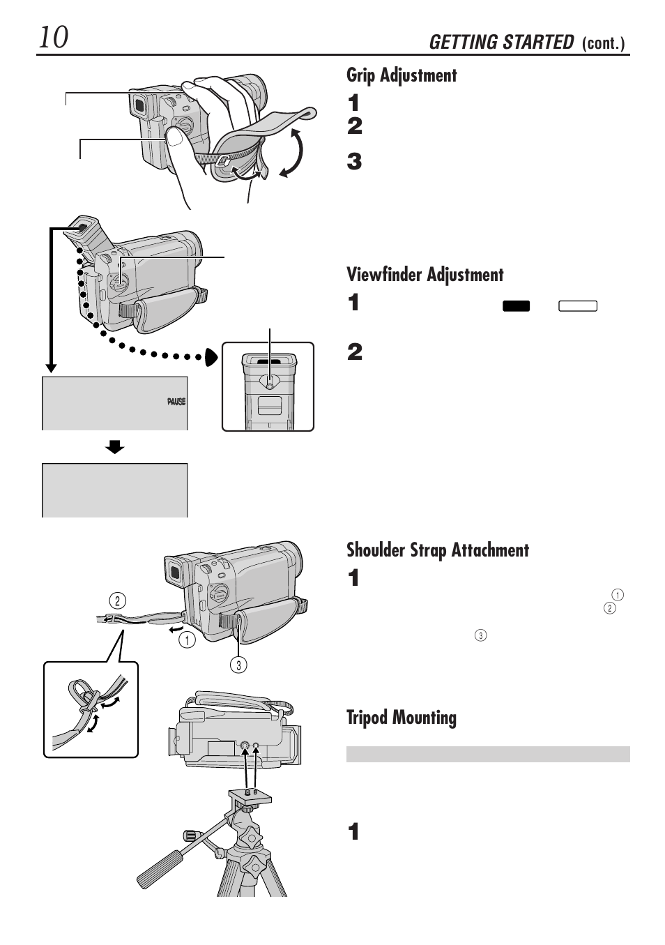Getting started, Grip adjustment, Viewfinder adjustment | Shoulder strap attachment, Tripod mounting | JVC GR-DVL1020 User Manual | Page 11 / 88
