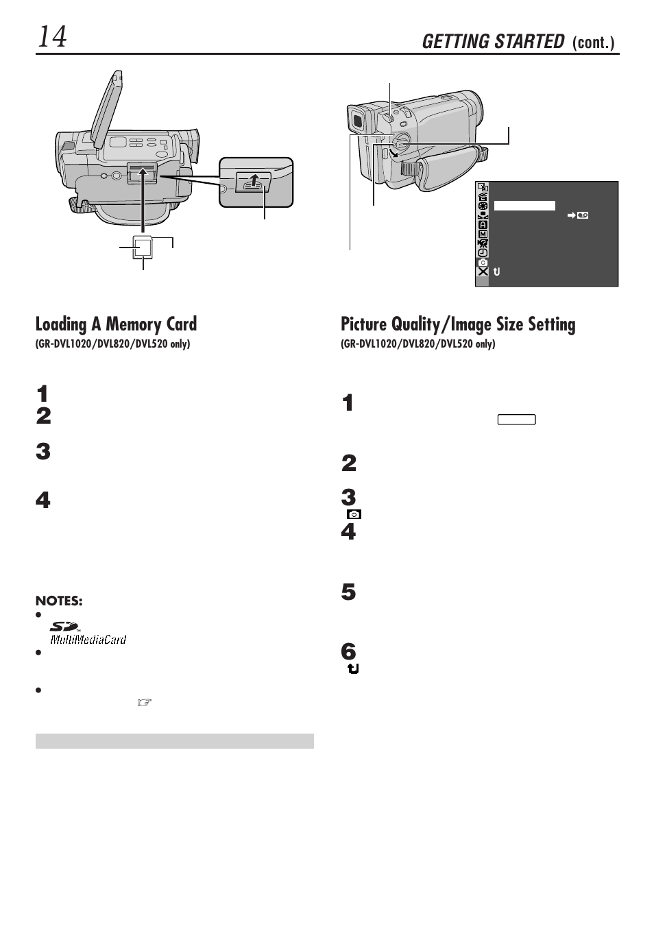 Getting started, Picture quality/image size setting | JVC GR-DVL1020 User Manual | Page 15 / 88