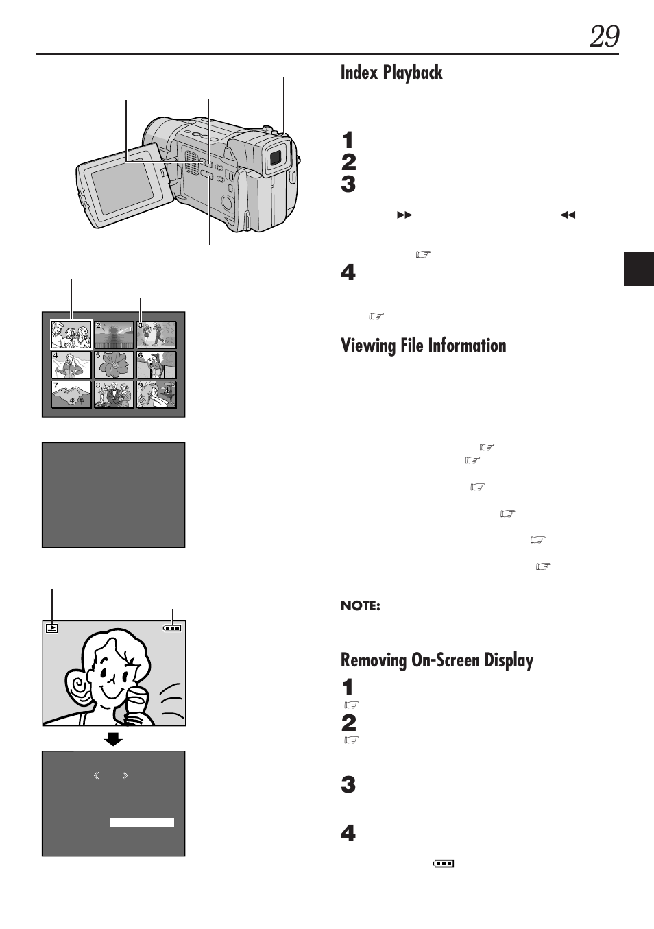 Index playback, Viewing file information, Removing on-screen display | JVC GR-DVL1020 User Manual | Page 30 / 88
