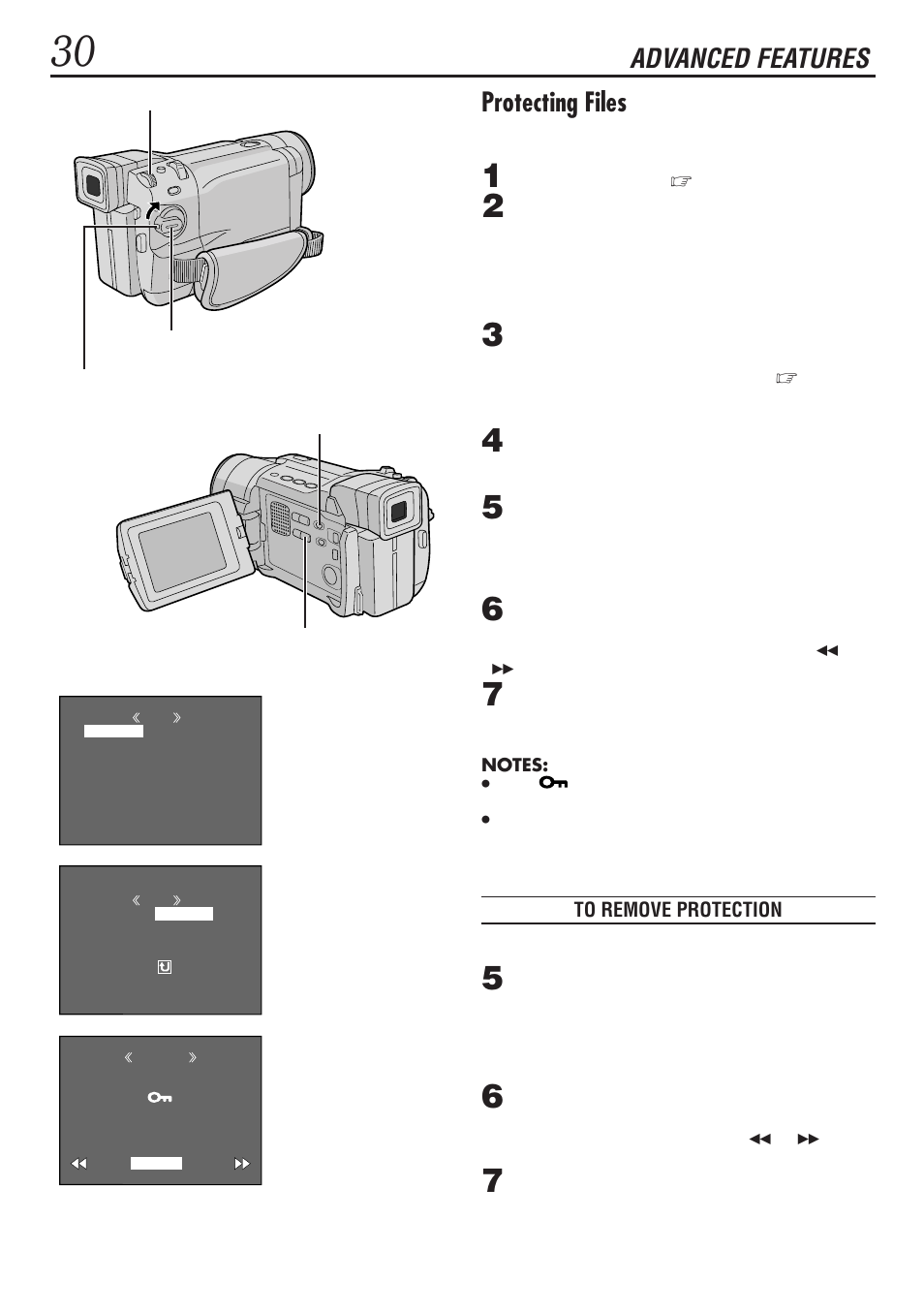 Advanced features, Protecting files | JVC GR-DVL1020 User Manual | Page 31 / 88
