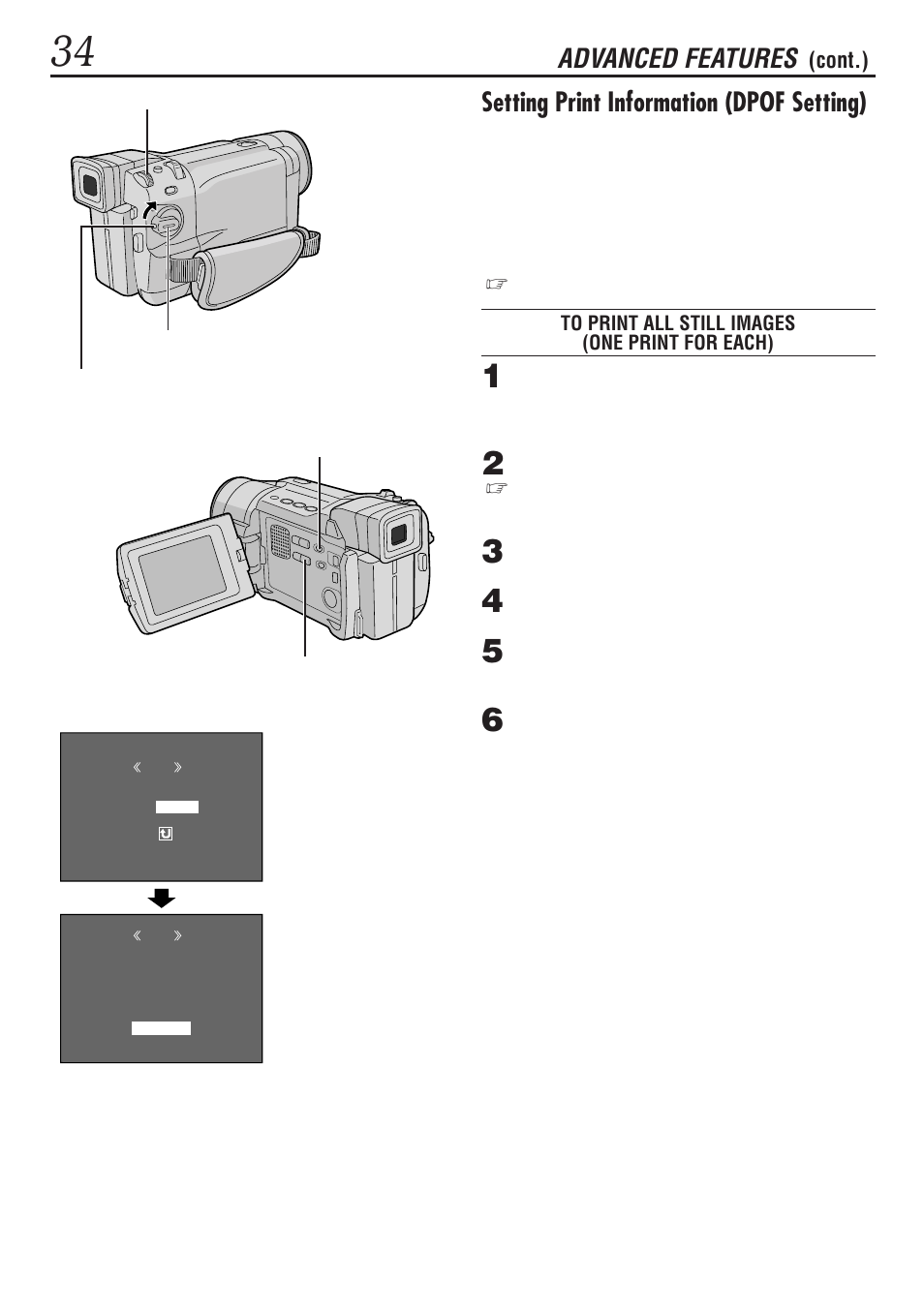 Setting print information (dpof setting), Advanced features, Cont.) | JVC GR-DVL1020 User Manual | Page 35 / 88