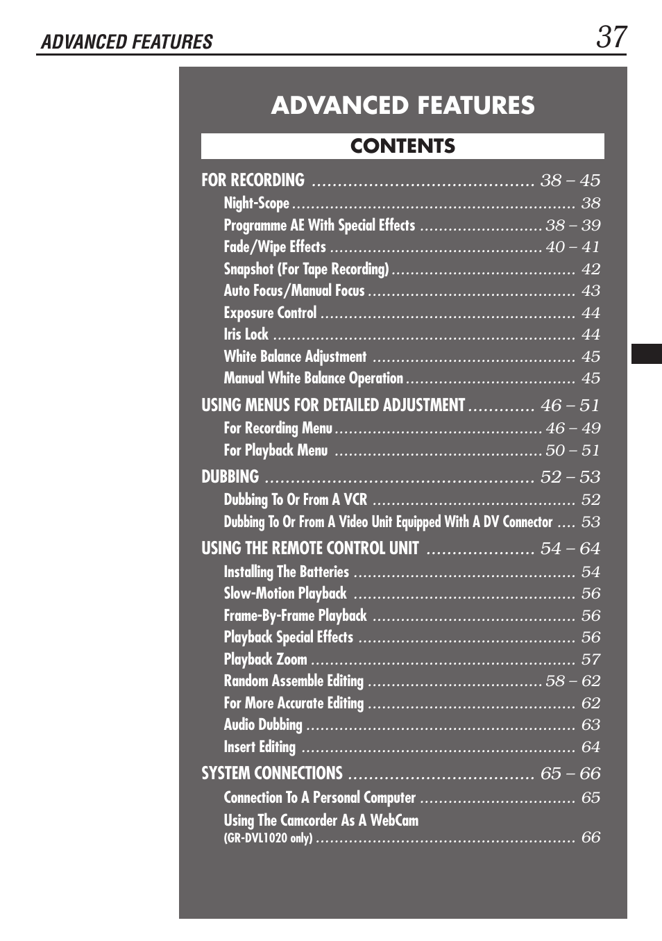 Advanced features | JVC GR-DVL1020 User Manual | Page 38 / 88