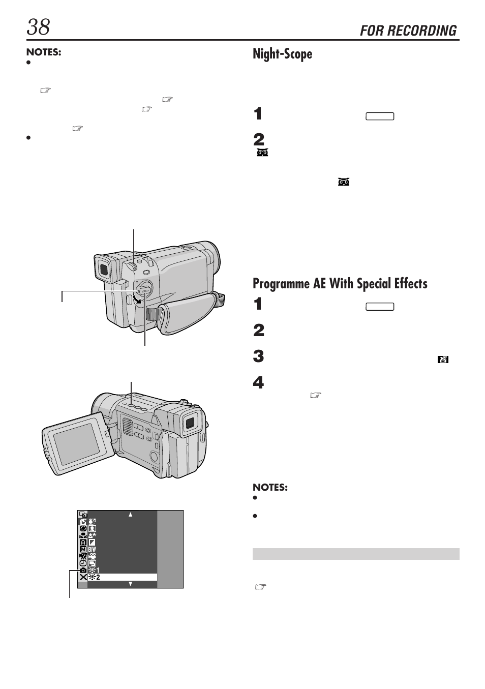 Programme ae with special effects, Night-scope, For recording | JVC GR-DVL1020 User Manual | Page 39 / 88