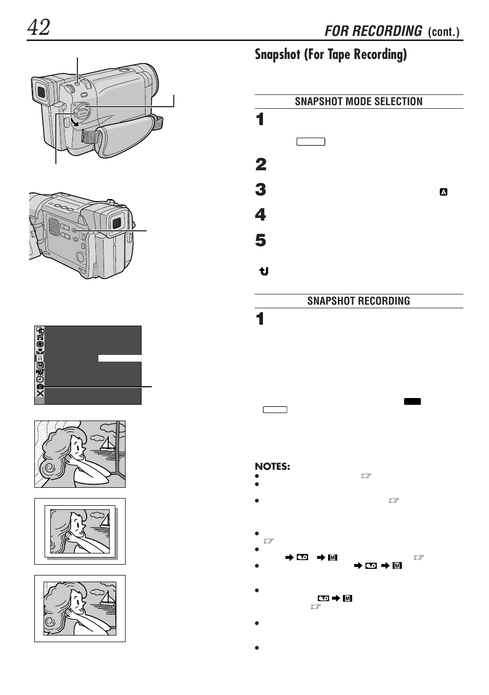 Snapshot (for tape recording), For recording, Cont.) | JVC GR-DVL1020 User Manual | Page 43 / 88