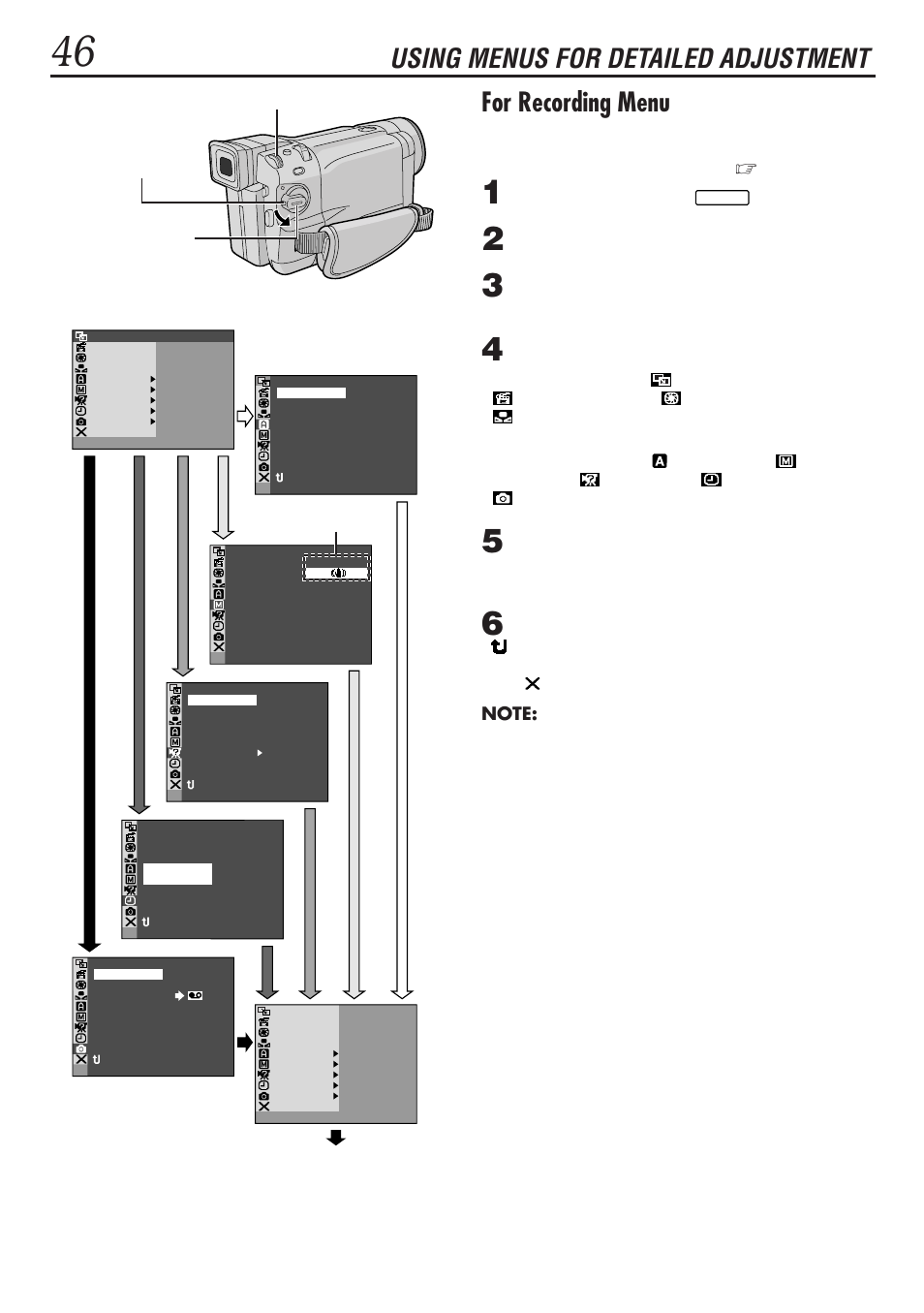 For recording menu, Using menus for detailed adjustment, Pg. 47 – 49) | Set the power switch to, Go to step 5 | JVC GR-DVL1020 User Manual | Page 47 / 88