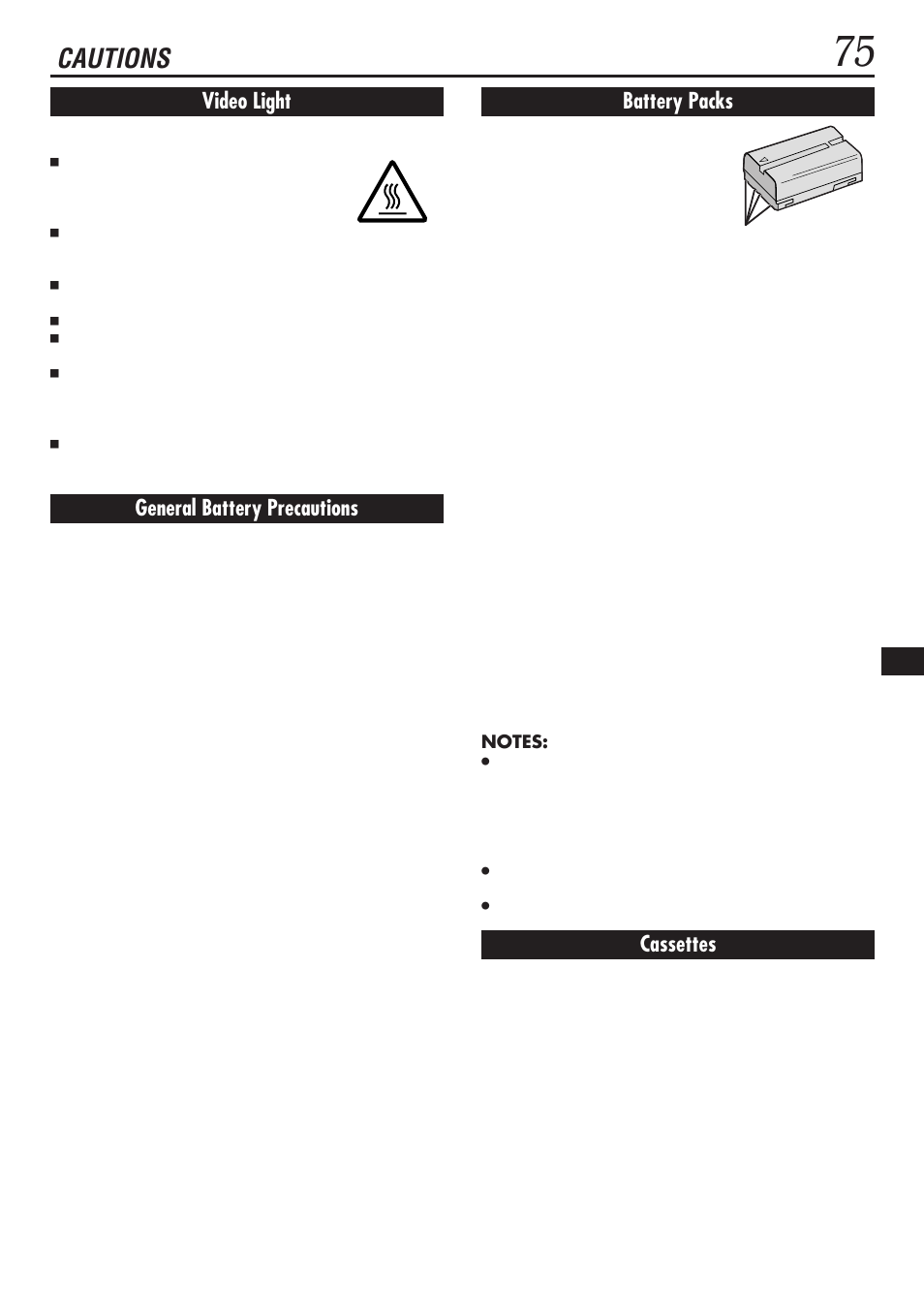 Cautions, Video light, General battery precautions | Battery packs, Cassettes | JVC GR-DVL1020 User Manual | Page 76 / 88