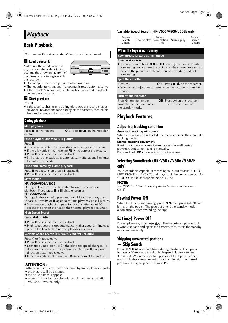 Playback, Basic playback, Playback features | Adjusting tracking condition, Rewind power off, Ez (easy) power off, Skipping unwanted portions — skip search | JVC 0203-AH-CR-LG User Manual | Page 10 / 16